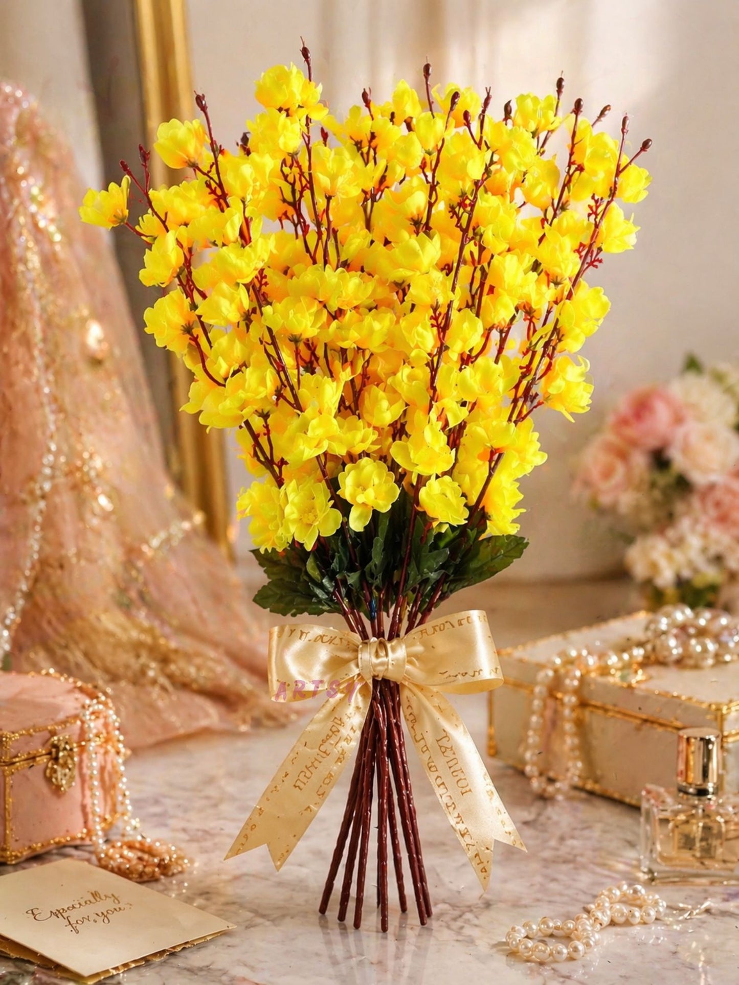 Elegant Yellow Faux Flower Bunch for Living Room & Table Decor, Pack of 2