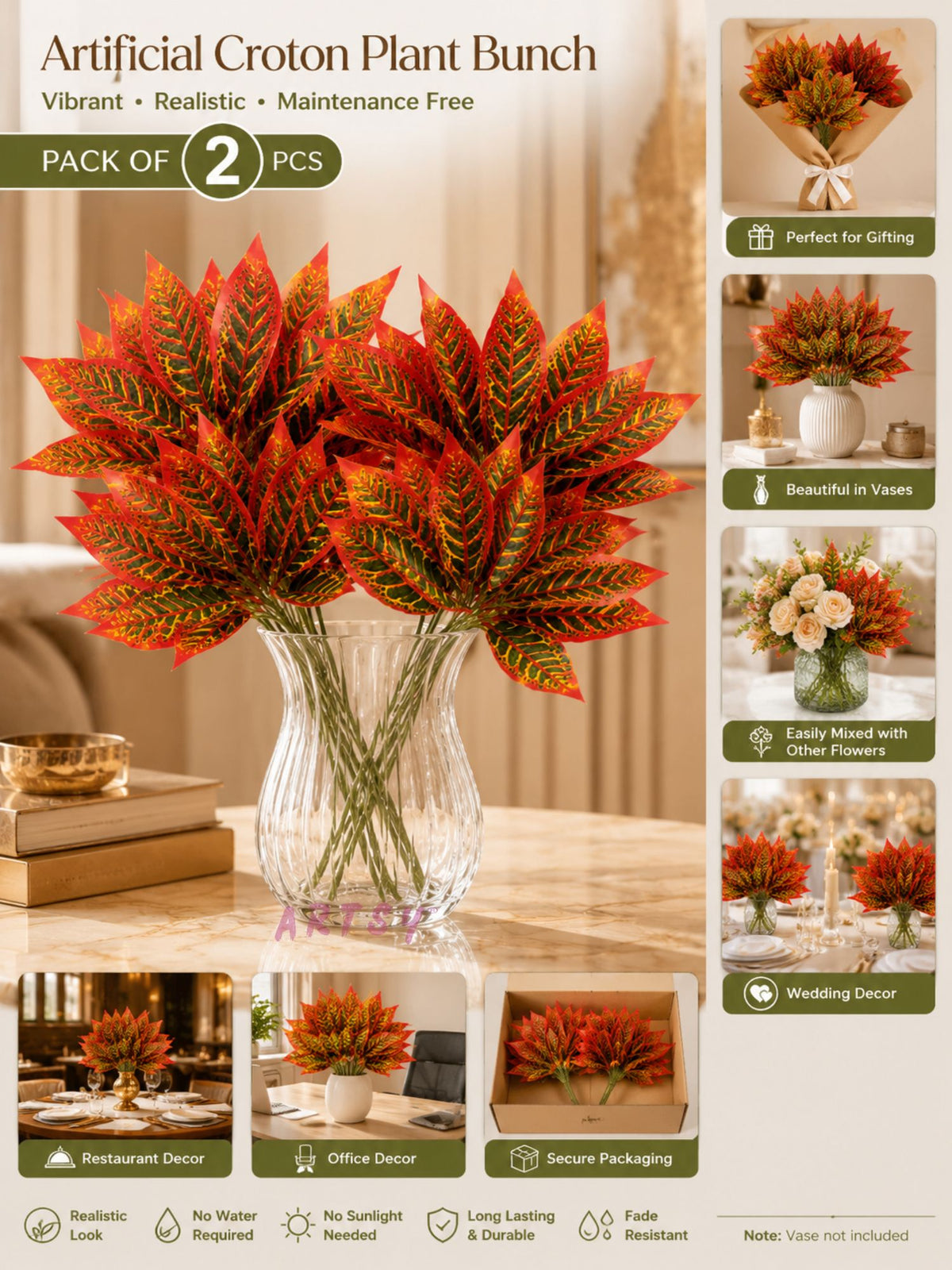 ARTSY Artificial Croton Leaf Stems Pack of 2 | Realistic Decorative Faux Foliage for Indoor Home Décor & Flower Arrangements