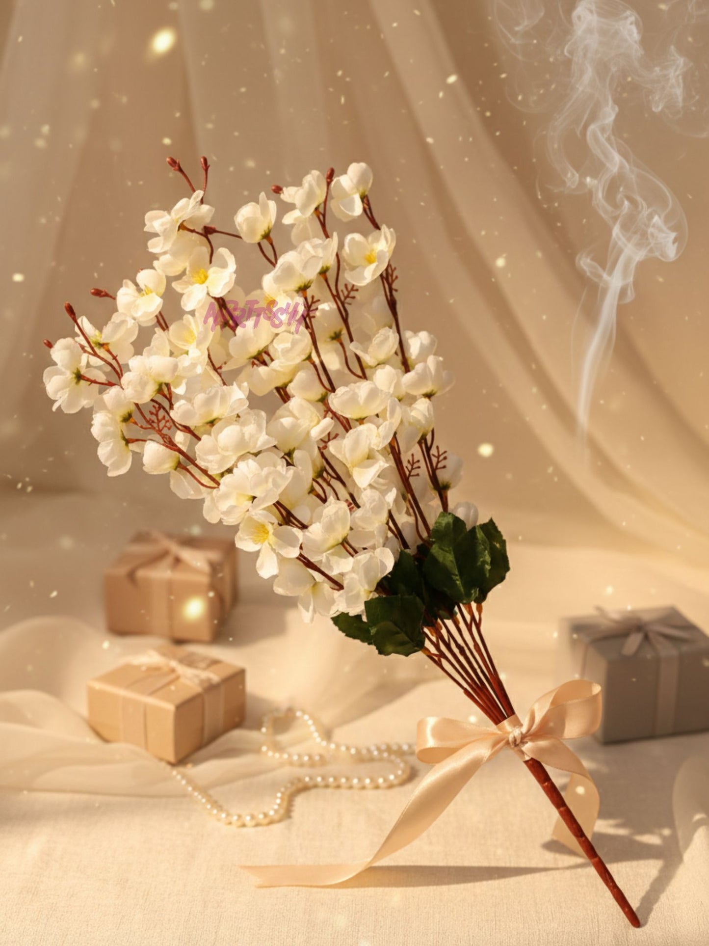 Elegant White Artificial Cherry Blossom Flower Bunch - Lifelike Pack of 1 Piece for Timeless Beauty, Without Vase, 55 Cm Long
