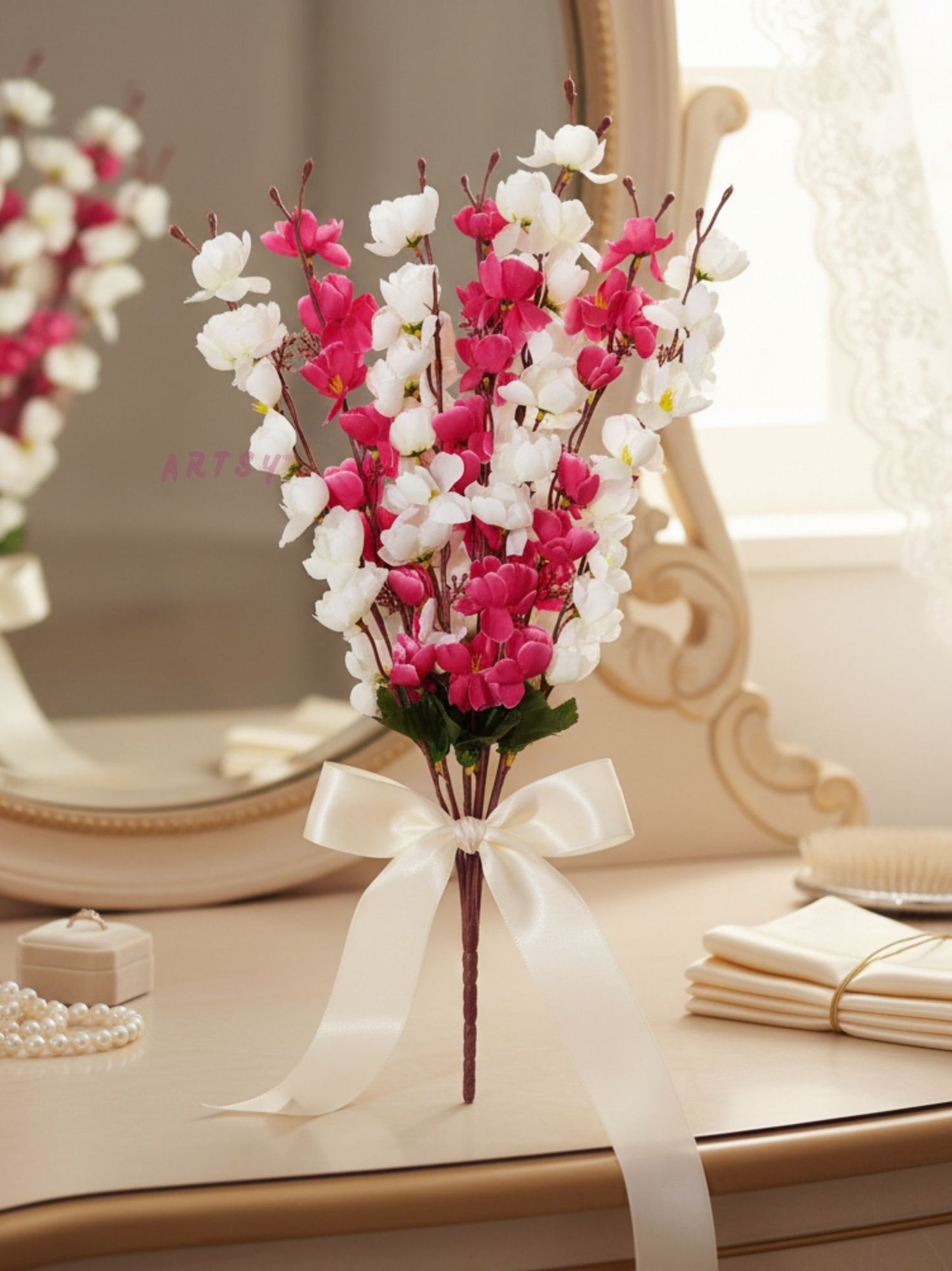 Elegant Sakura Blossom Artificial Flower Stem for Home & Table Decor | Premium Pink & White Floral Branch | 55 CM