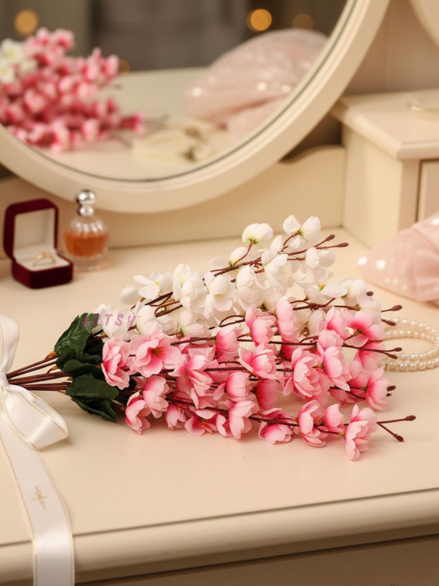 Premium Pink & White Artificial Flower Bunch for Home & Table Decoration, Pack of 2 Pieces