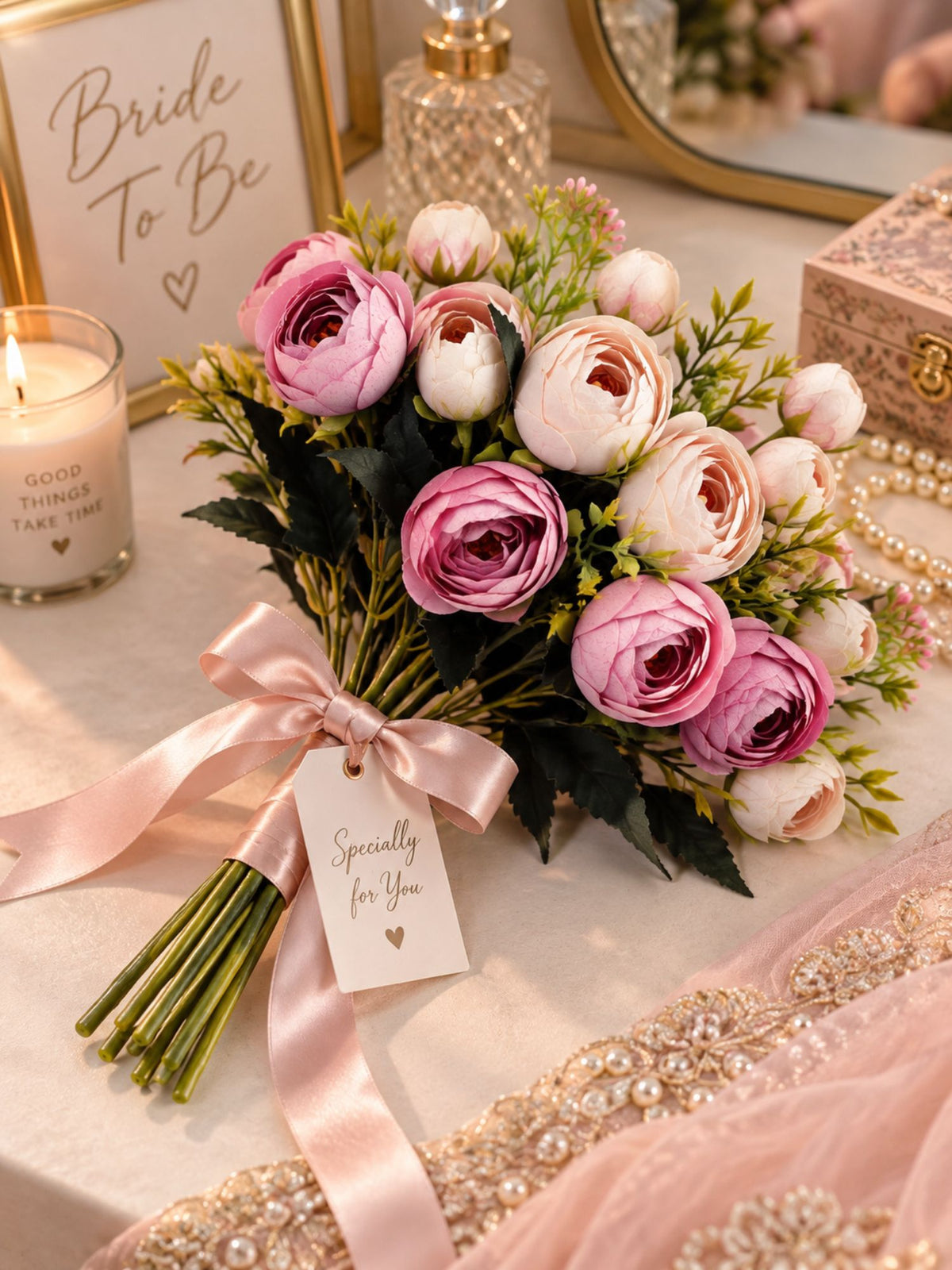 ARTSY Artificial Rose Flower Bunches – Pack of 2 | Realistic Pink & Peach Faux Flowers for Home Decor, Gifting & Wedding Decoration