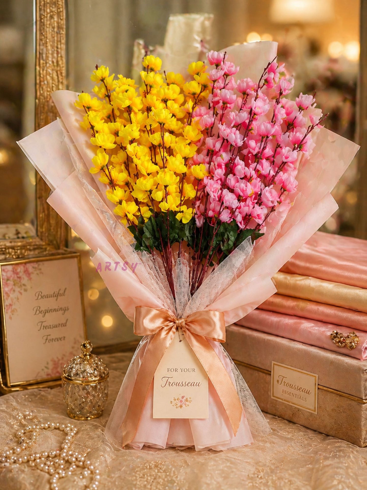 Artificial Cherry Blossom Flower Bunch – Pack of 2 | Decorative Faux Flowers for Home, Office & Gifting