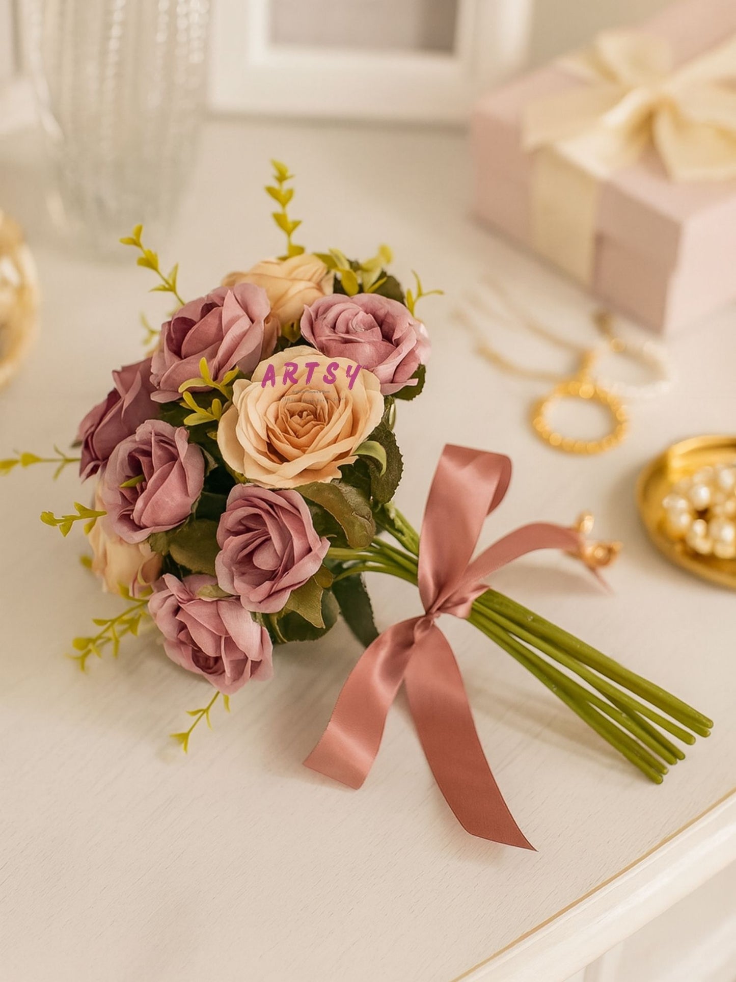 Artificial Rose Flower Bunch (Pack of 2) – Silk Faux Roses for Home, Wedding & Table Décor,  Purple