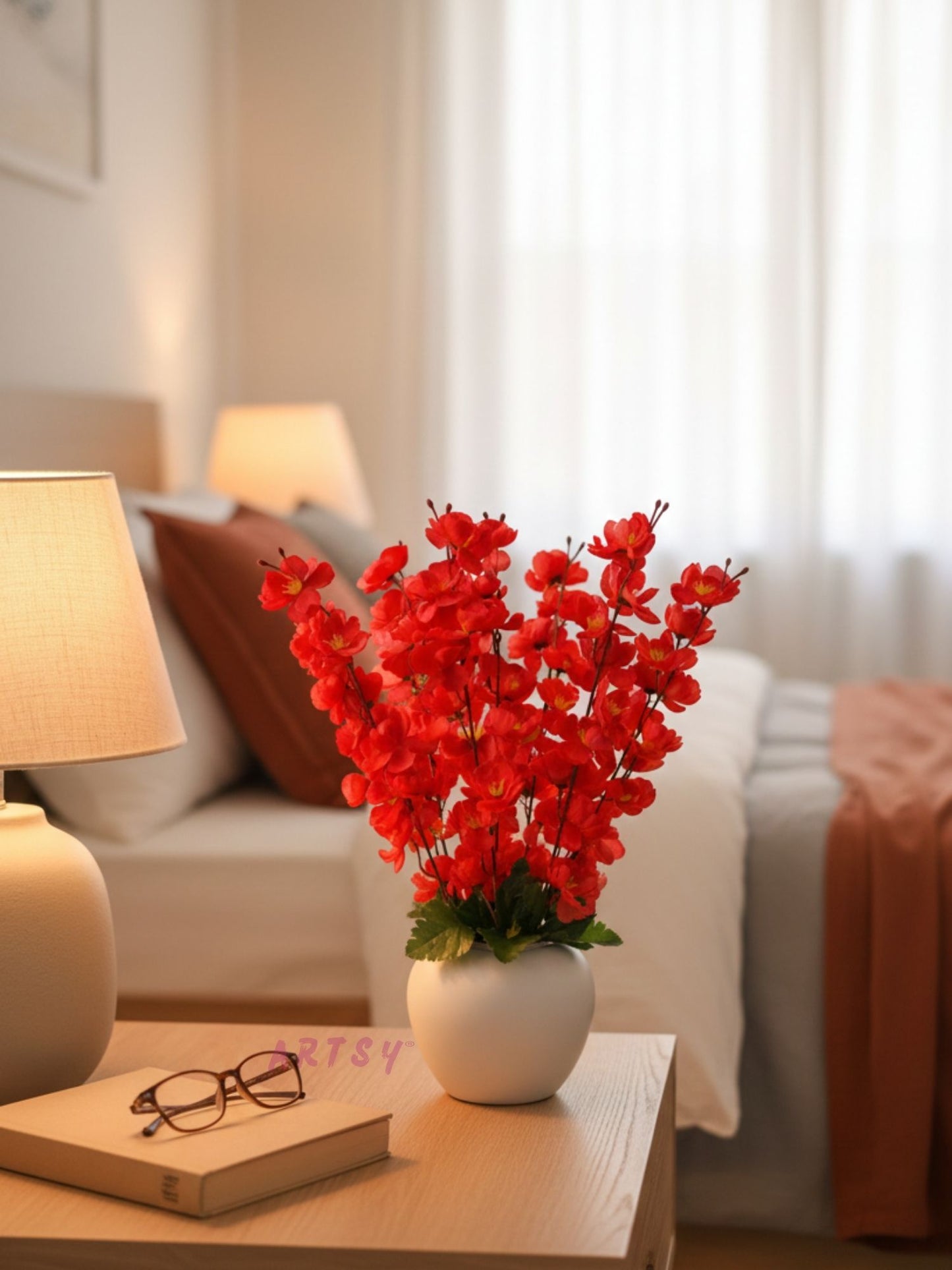 Artificial Red Blossom Flower Pot for Home Decor | Premium Decorative Floral Arrangement with White Pot