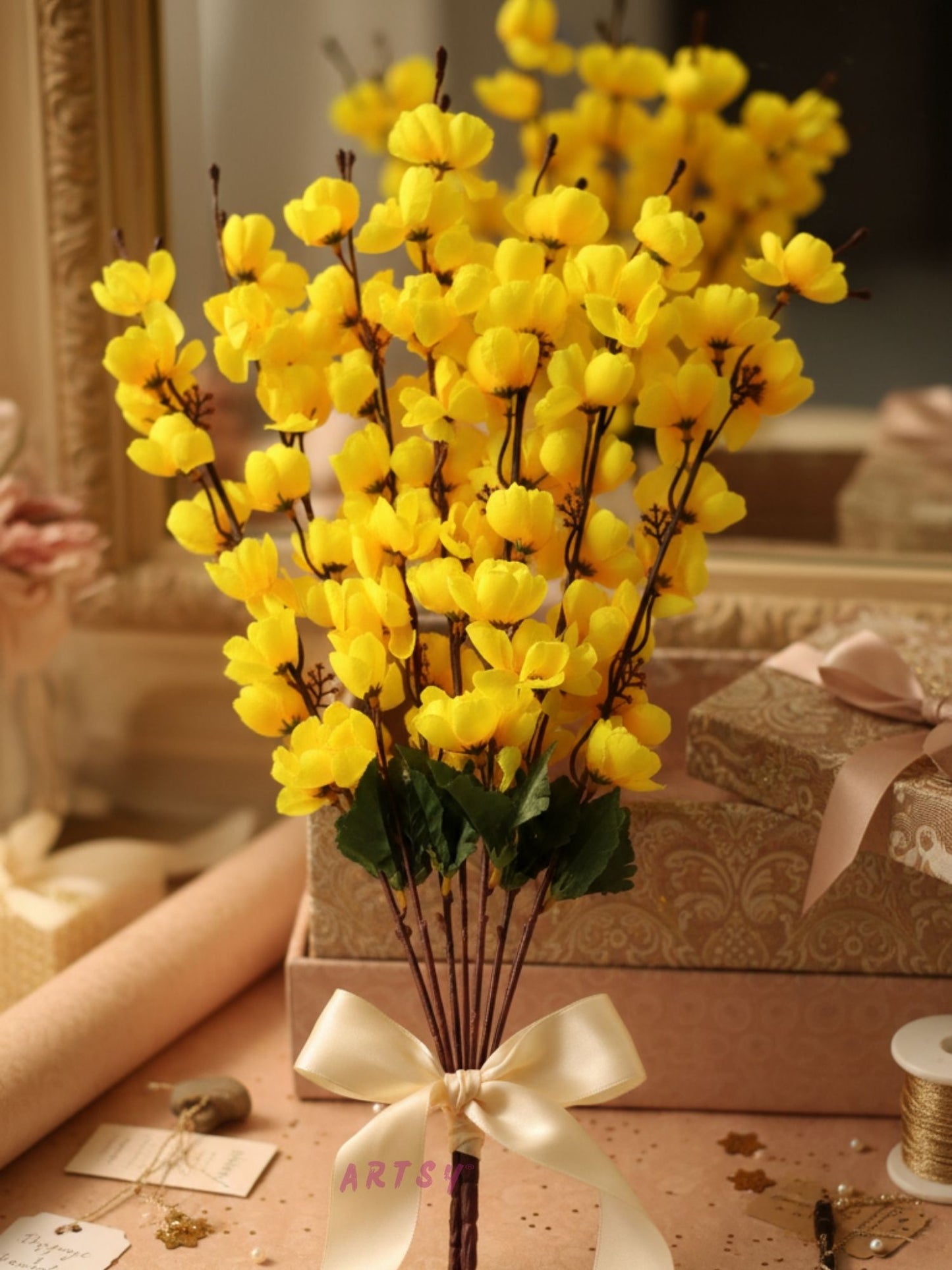 Yellow Artificial Cherry Blossom Flower Bunch- Pack of 1 Piece