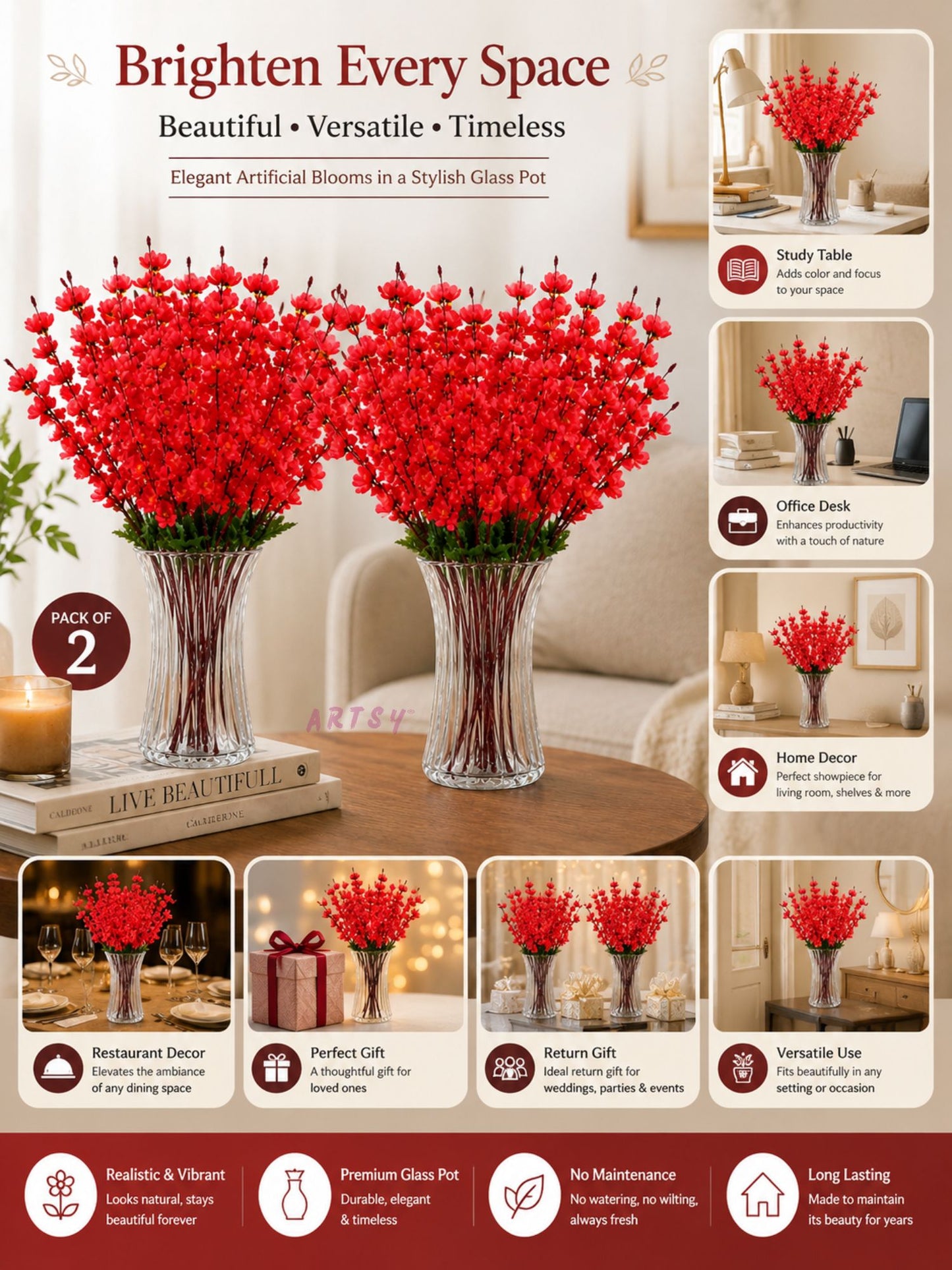 Luxury Artificial Blossom Flower Bunch Set (Pack of 2) – Premium Decorative Floral Stems for Home & Table Decor