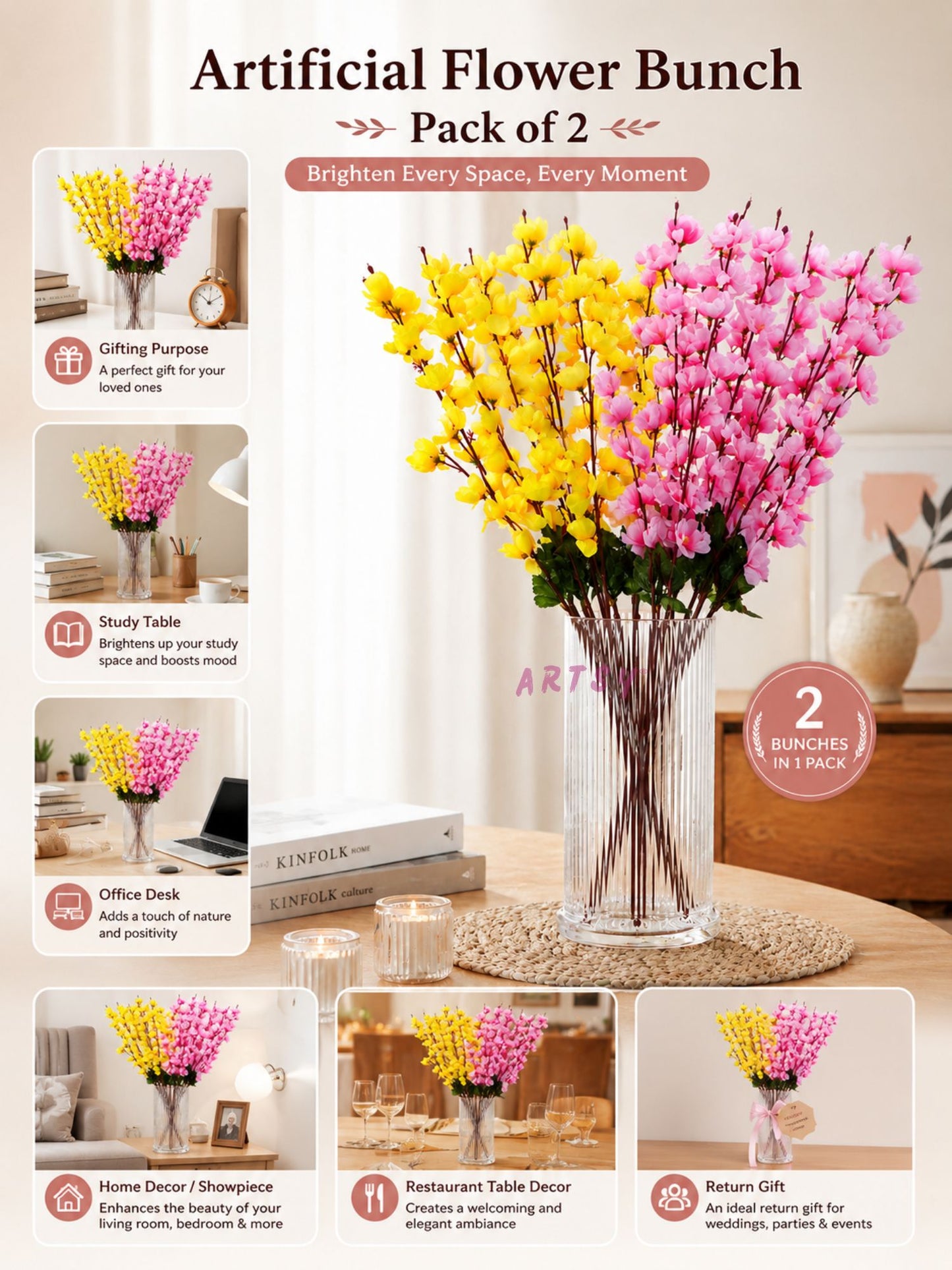 Artificial Cherry Blossom Flower Bunch – Pack of 2 | Decorative Faux Flowers for Home, Office & Gifting