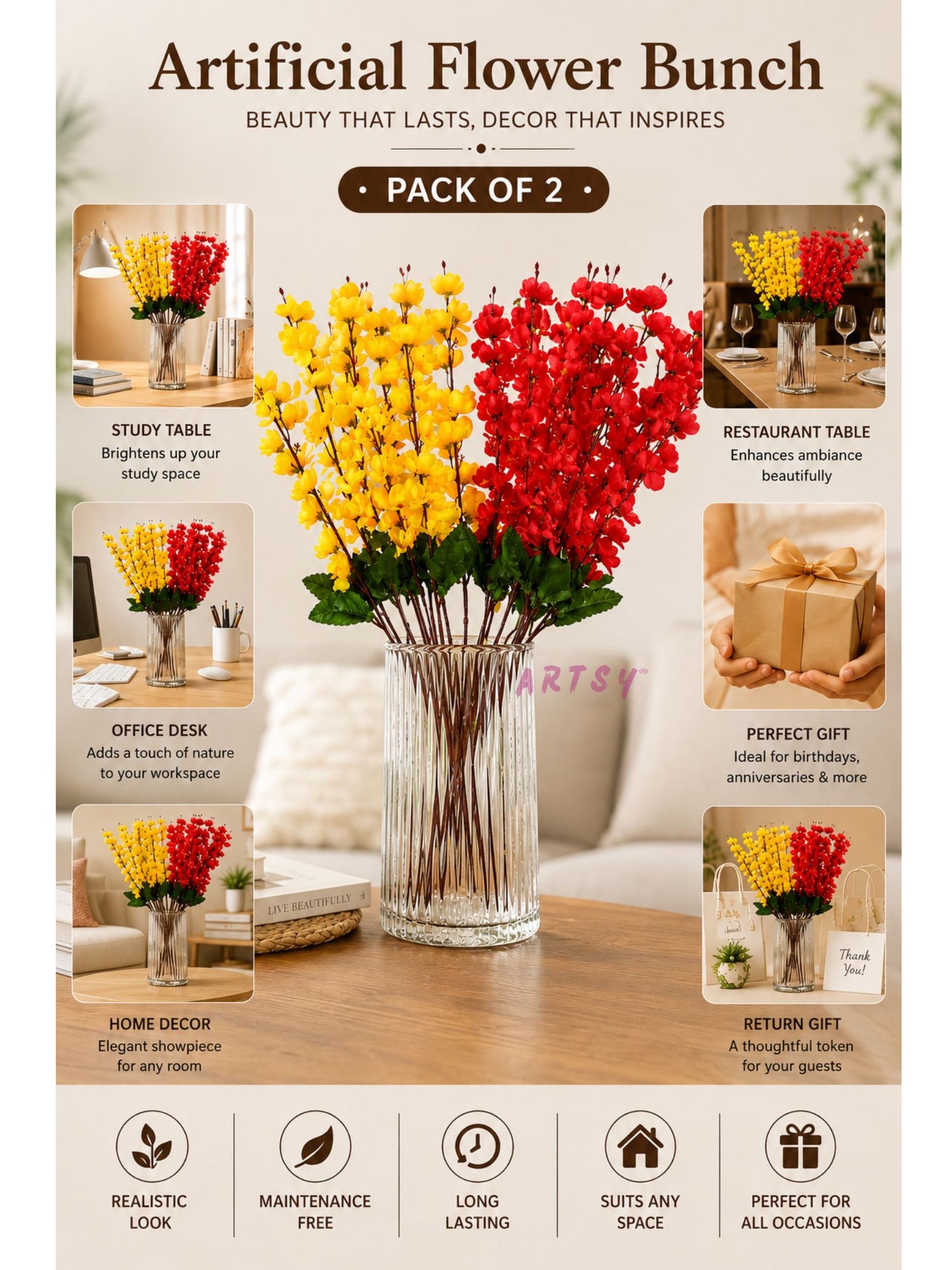 Premium Artificial Blossom Flower Stems for Home Decor (Pack of 2)