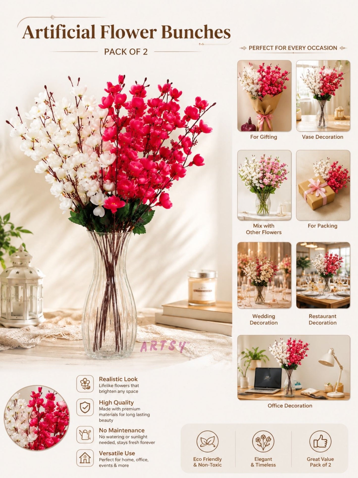 Decorative Artificial Cherry Blossom Flower Bunches – Pack of 2