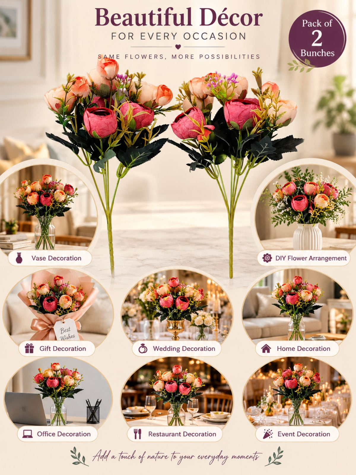 ARTSY Artificial Peony Flower Bunch – Pack of 2, Realistic Faux Flowers for Home Decor, Wedding, Festive Decoration & Gifting