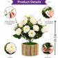 Elegant White Rose Artificial Flower Arrangement with Rustic Wooden Planter, Pack of 1
