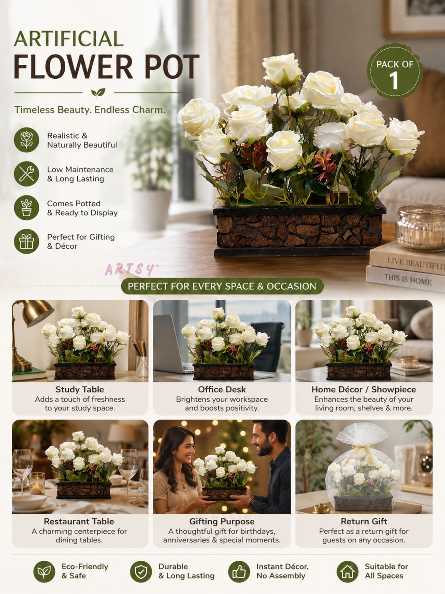 Elegant Artificial Flowers in Decorative Pot: Lifelike Beauty for Any Space