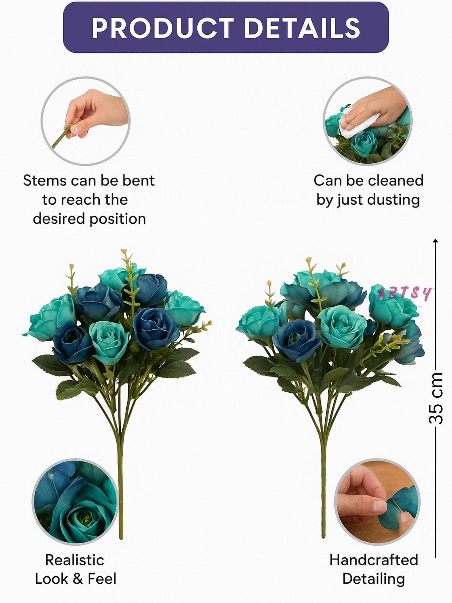 Artificial Rose Flower Bunch (Pack of 2) – Silk Faux Roses for Home, Wedding & Table Décor, Blue