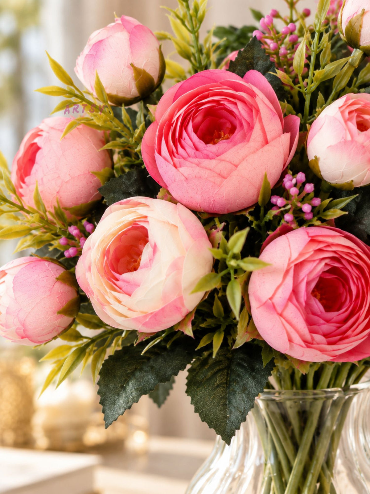 ARTSY Artificial Peony Flower Bunch – Pack of 2, Pink & White Faux Peony Flowers for Home Decor, Wedding, Gifting & Floral Arrangements