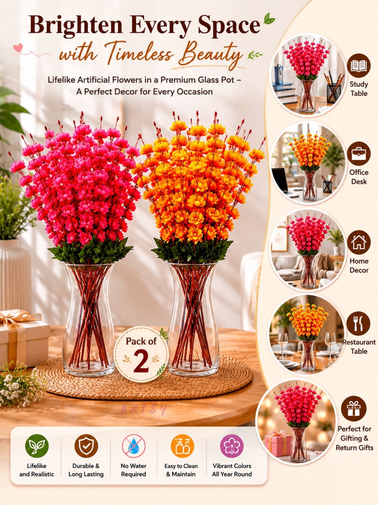 Artificial Decorative Flower Bunch for Vase Styling | Premium Floral Home Accent, Pack of 2