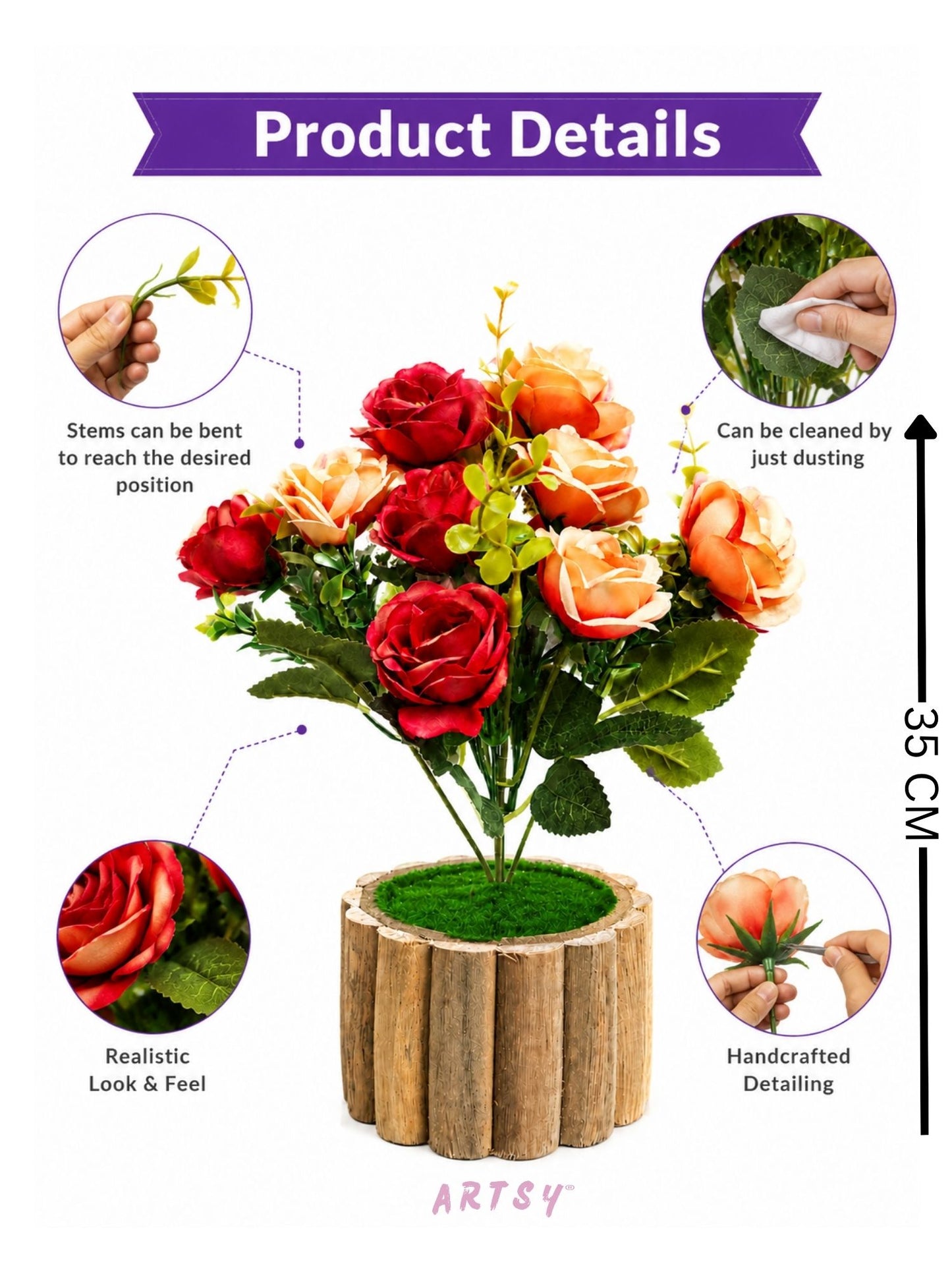 Luxury Artificial Rose Flower Arrangement in Rustic Wooden Pot | Elegant Home Table Decor, Pack of 1