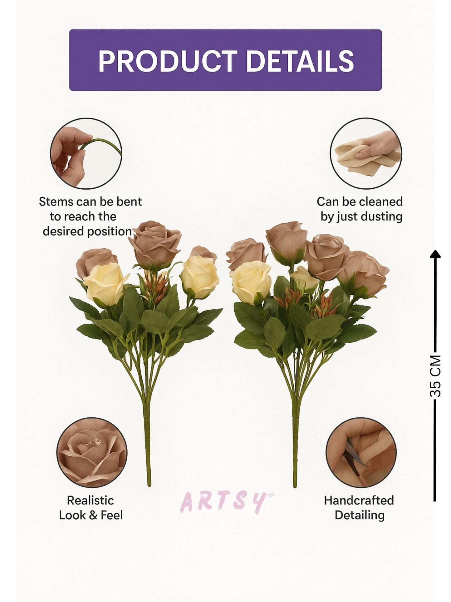 Golden Opulence: Lifelike Artificial Golden Rose - Eternal Gilded Beauty, Artificial rose flower bunches for vase, home decor, Combo Pack of 2 Pieces, Without Vase