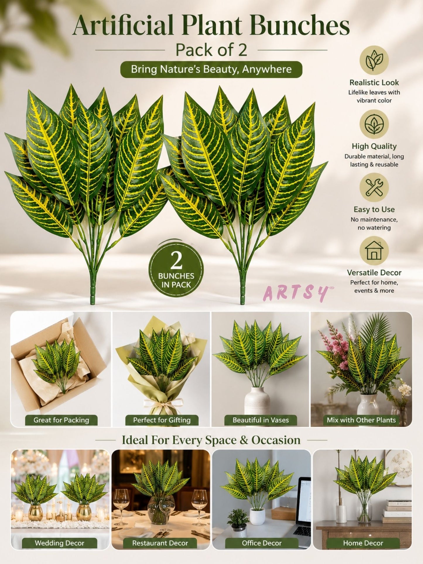 ARTSY Artificial Croton Leaf Bunches (Pack of 2) – Home & Office Decor