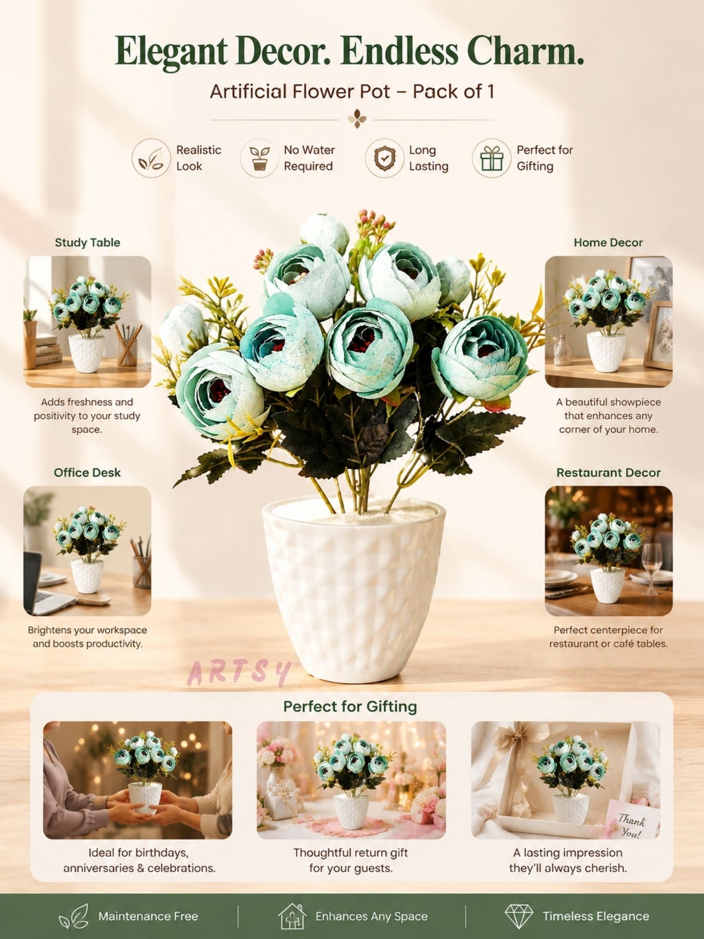 ARTSY® Artificial flowers with pot for Home decoration, table top, office decor, peony flowers, craft, gift, 35 cm height, Green, Pack of 1 Piece