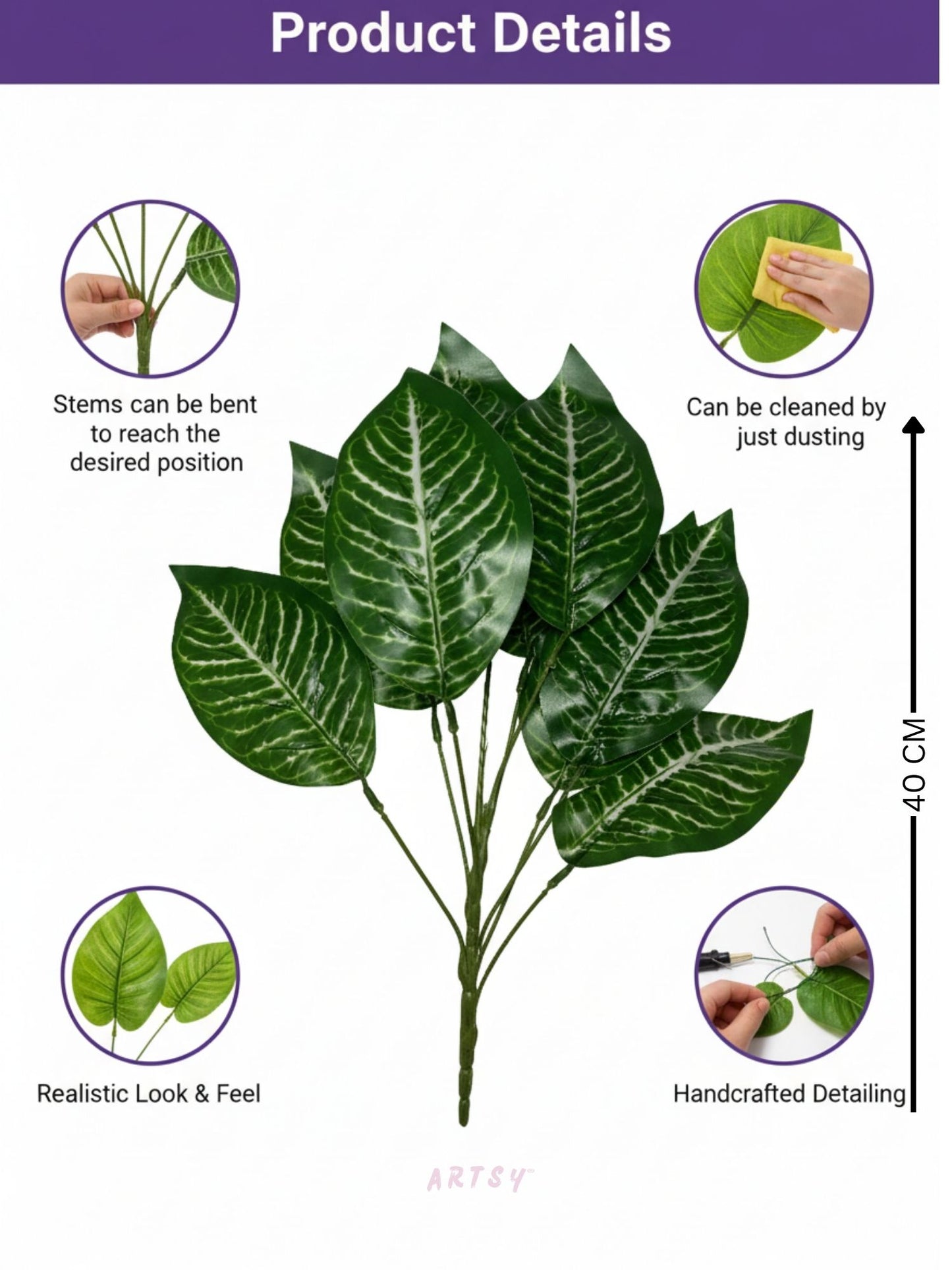 ARTSY Premium Artificial Green Leaf Bunch for Home Decor | Realistic Decorative Plant Stem (Pack of 1)