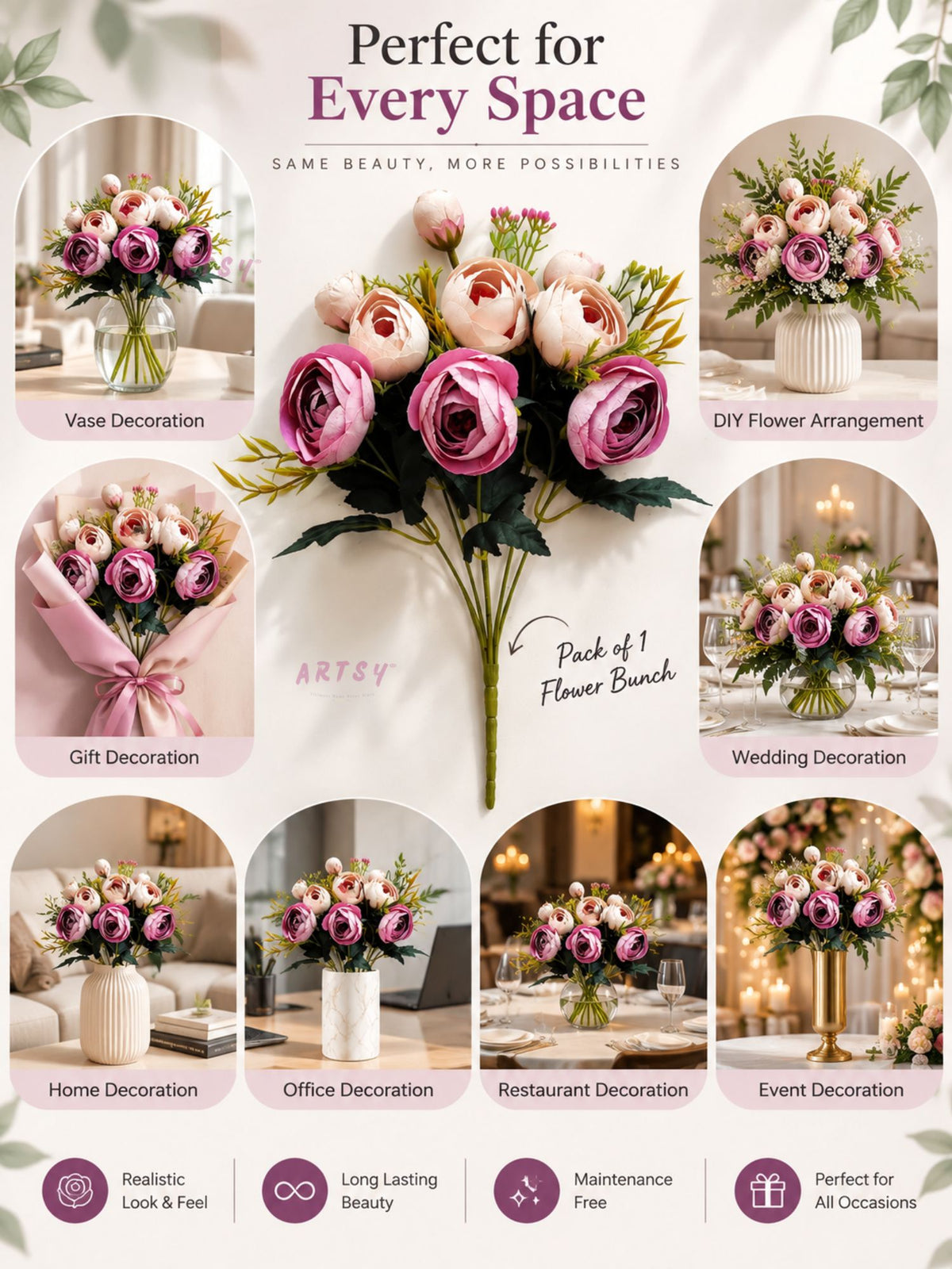 ARTSY Artificial Rose Flower Bunch – Realistic Pink & Peach Rose Bouquet, 1 Piece for Home Decor, Wedding & Gifting