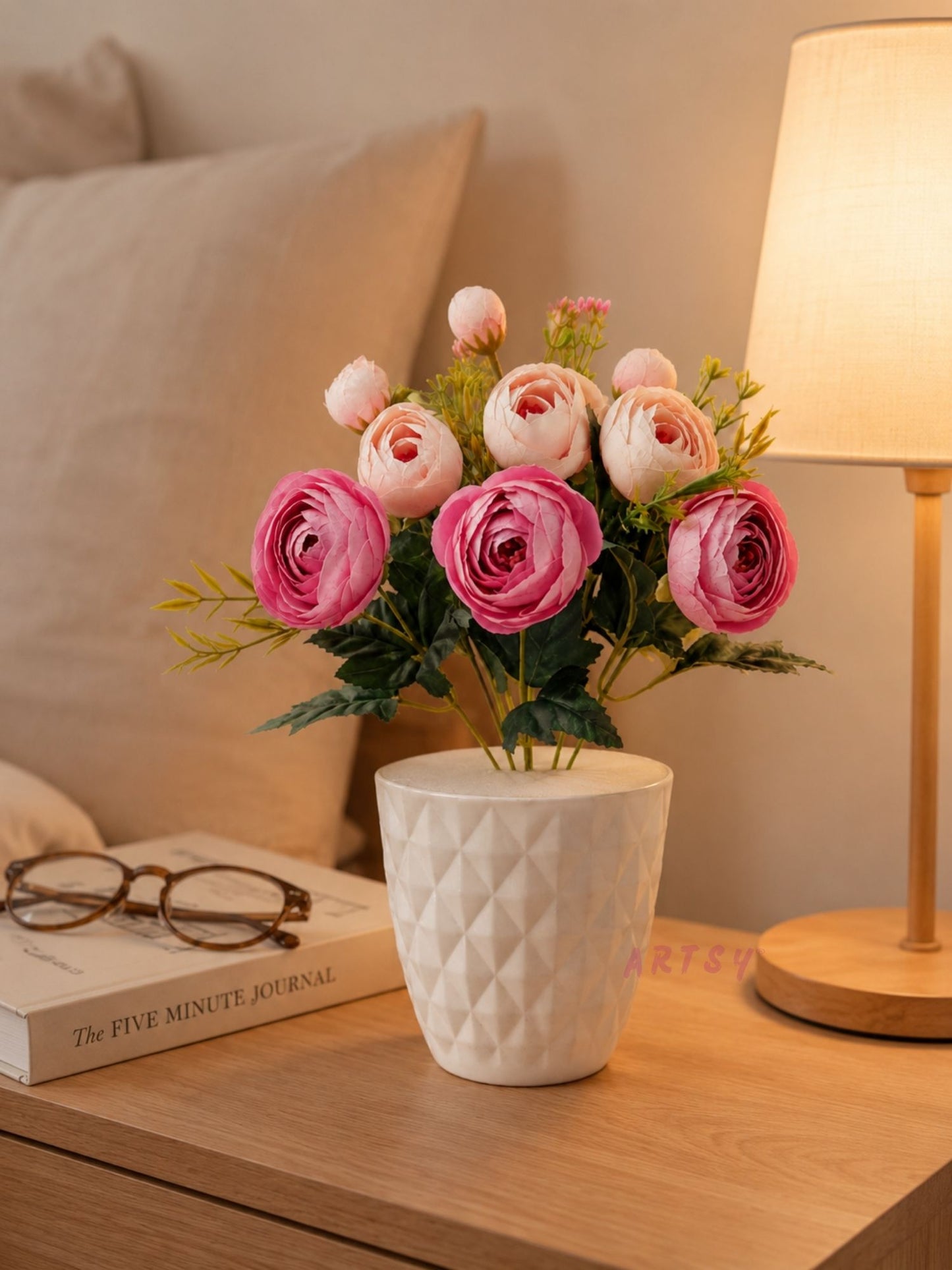 Elegant Artificial Ranunculus Flowers with Designer Pot – Pack of 1
