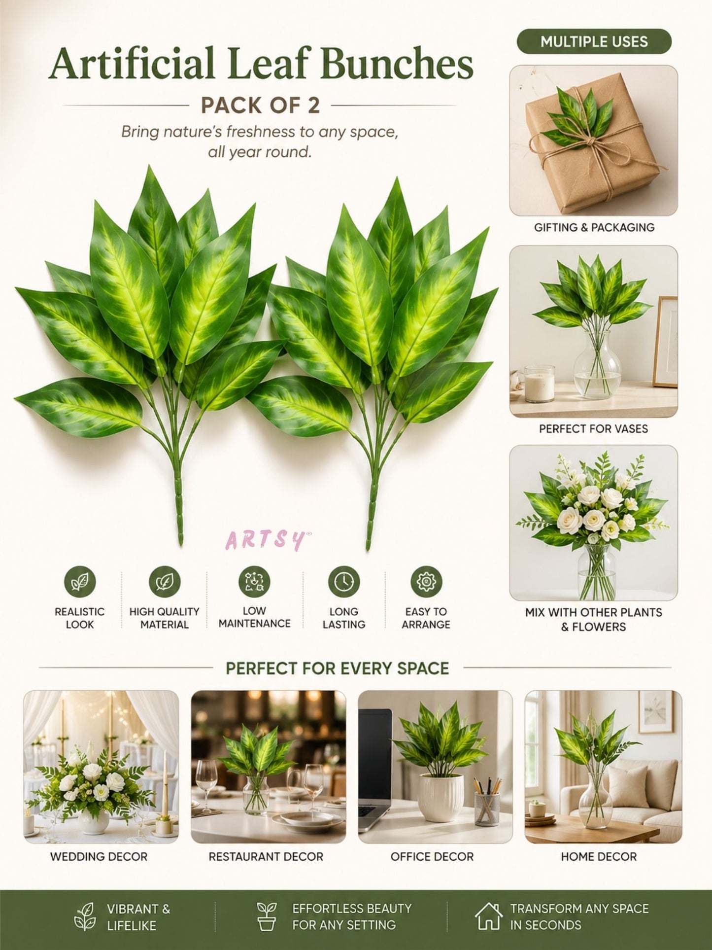 ARTSY Premium Artificial Green Leaf Bunch – Natural Looking Faux Foliage Arrangement for Vase, Home, Office, Hotel & Wedding Decoration