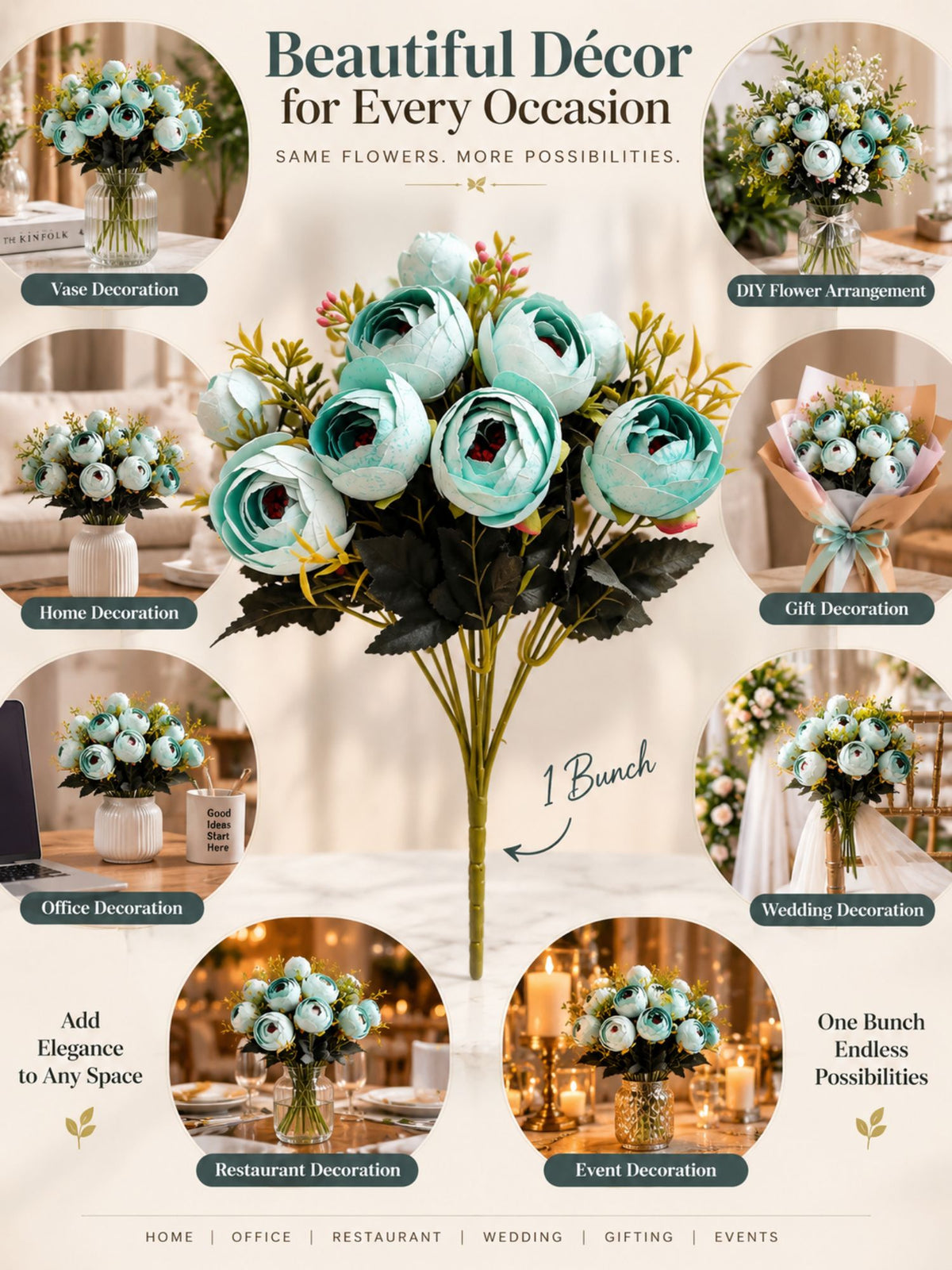 ARTSY Artificial Ranunculus Flower Bunch – White & Turquoise, 1 Pc