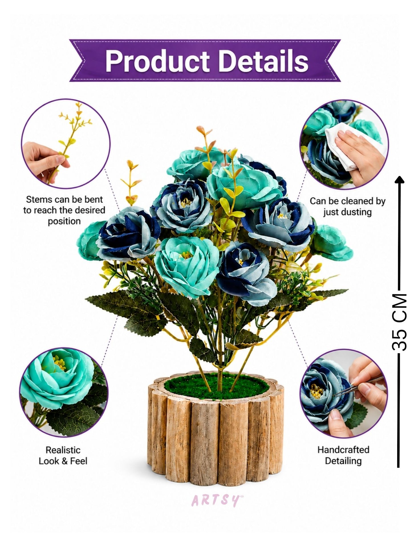 Luxury Artificial Rose Flower Pot – Premium Teal & Navy Floral Home Decor Arrangement, Pack of 1