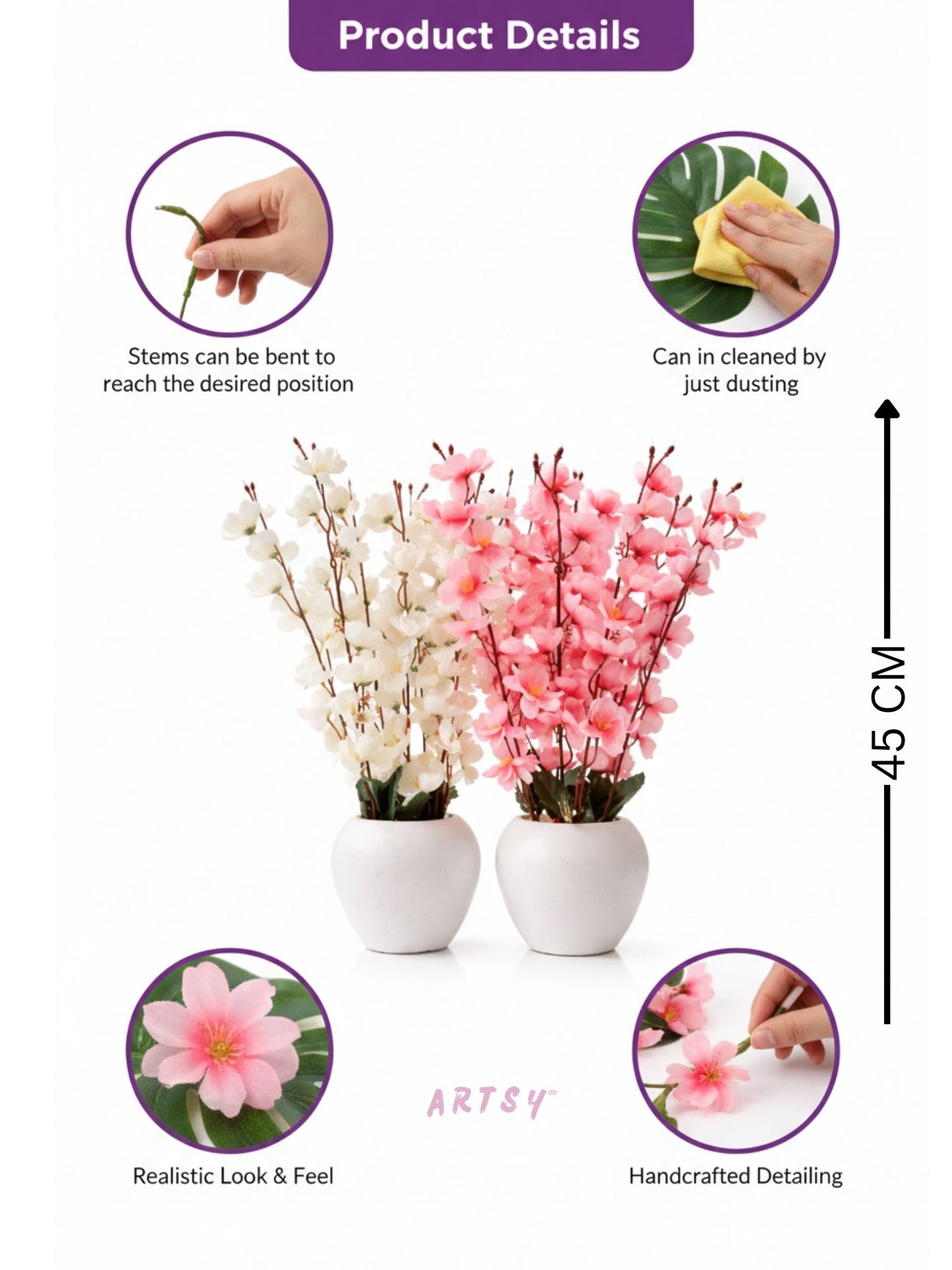 Artificial Cherry Blossom Flower Pot – Premium Luxury Home Décor Table Accent, Pack of 2 Pieces