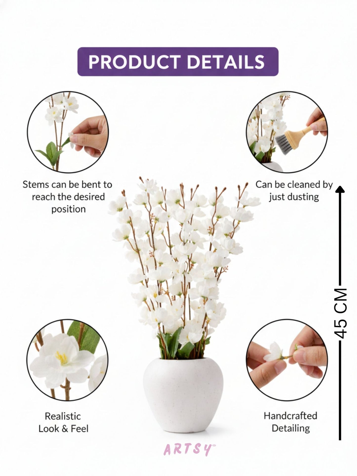 White Blossom Artificial Flower Arrangement in Premium Plastic Pot, Pack of 1
