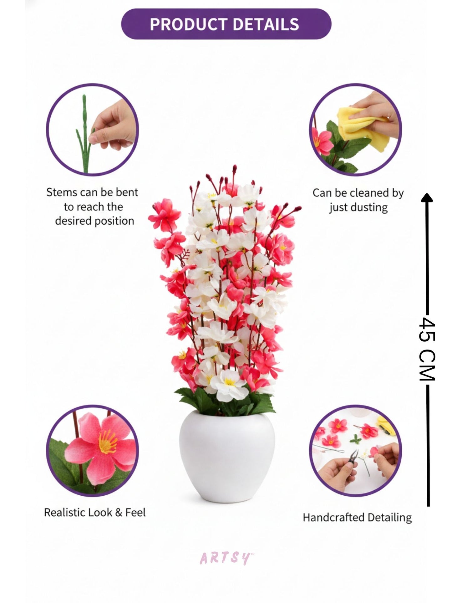 Artificial Pink & White Blossom Flower Arrangement in Pot | Elegant Home Decor Floral Accent (Pack of 1)