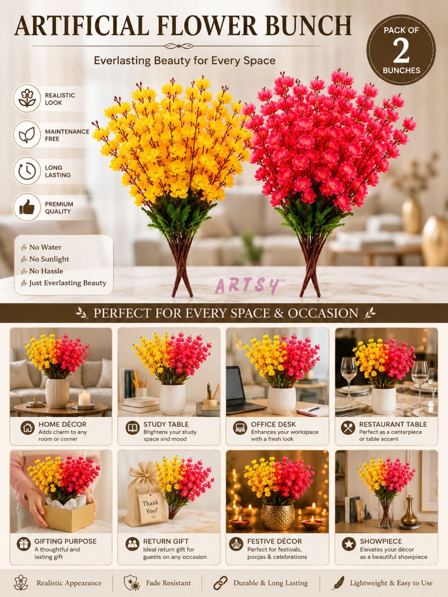 Designer Artificial Floral Bouquet – Luxury Decorative Blossom Arrangement for Living Room, Pack of 2