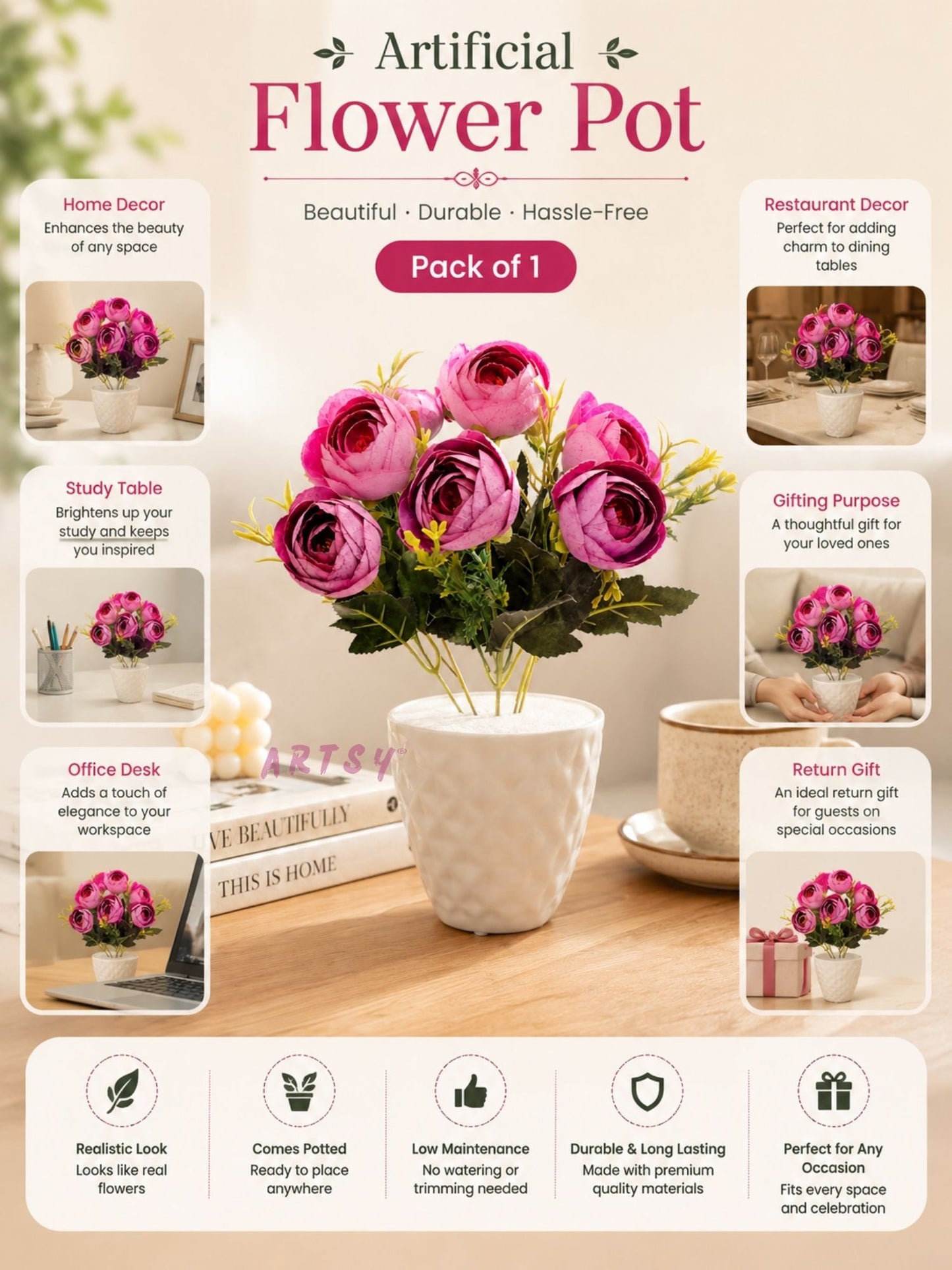 Artificial Purple Rose Flower Pot for Home Decor | Elegant Tabletop Floral Arrangement (Pack of 1)