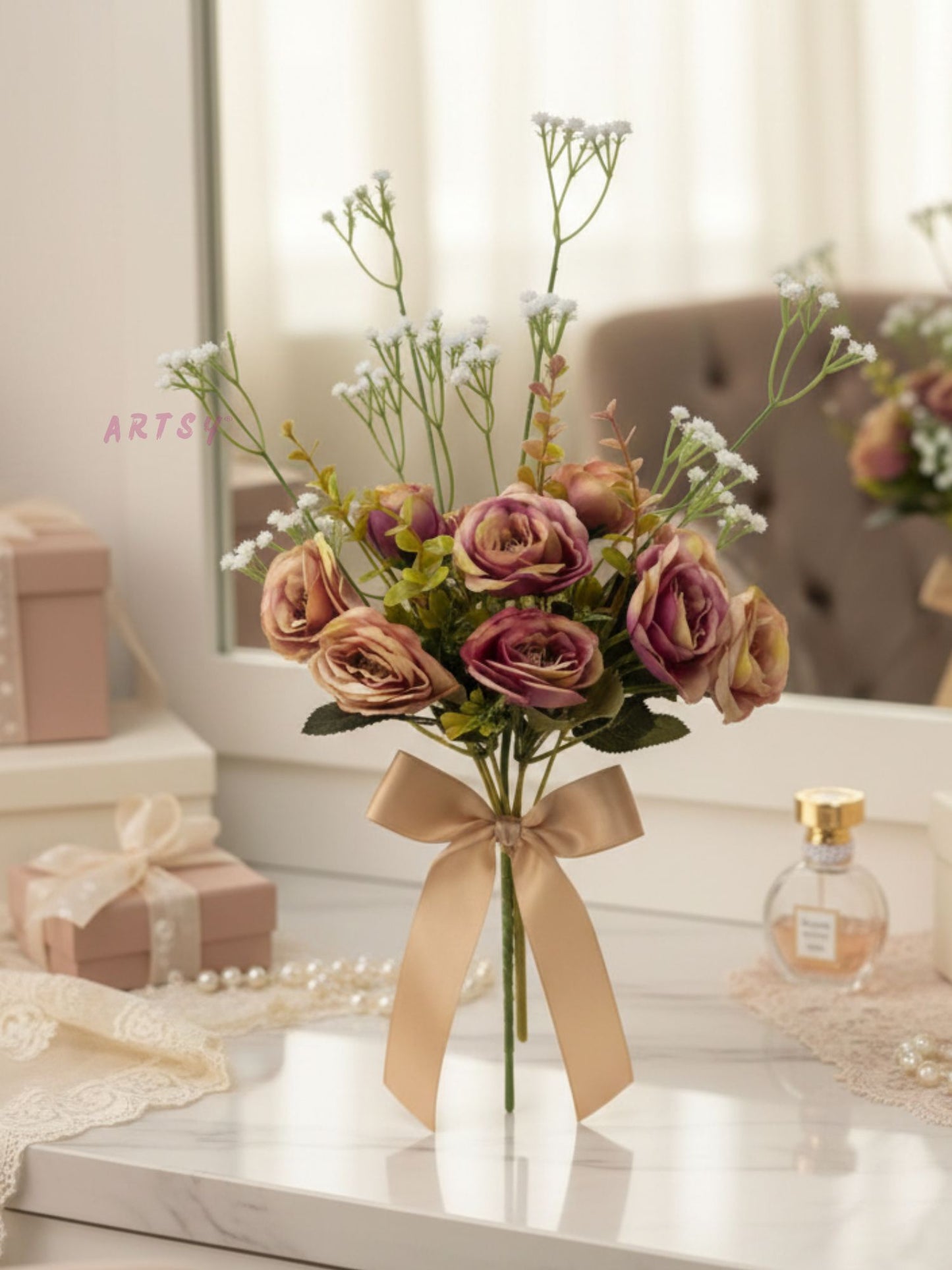 ARTSY Artificial Rose Flower Bunch with Baby Breath Flowers (Pack of 3) | Realistic Faux Floral Bouquet for Home, Office & Wedding Décor