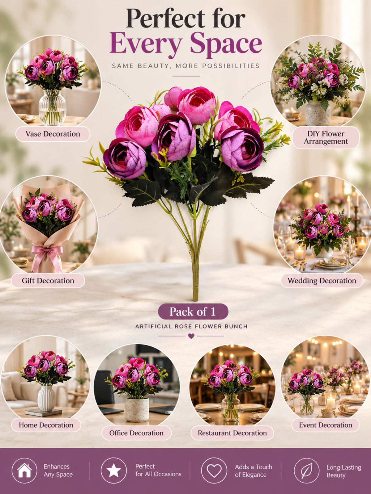 ARTSY Artificial Rose Flower Bunch – Pink & Purple Realistic Faux Flowers for Home Décor, Wedding & Gifting