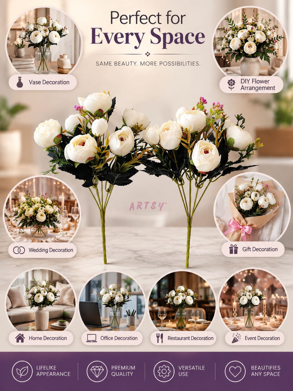 ARTSY Artificial Peony Flower Bunch – Pack of 2, Realistic Faux Flowers for Home Décor & Gifting