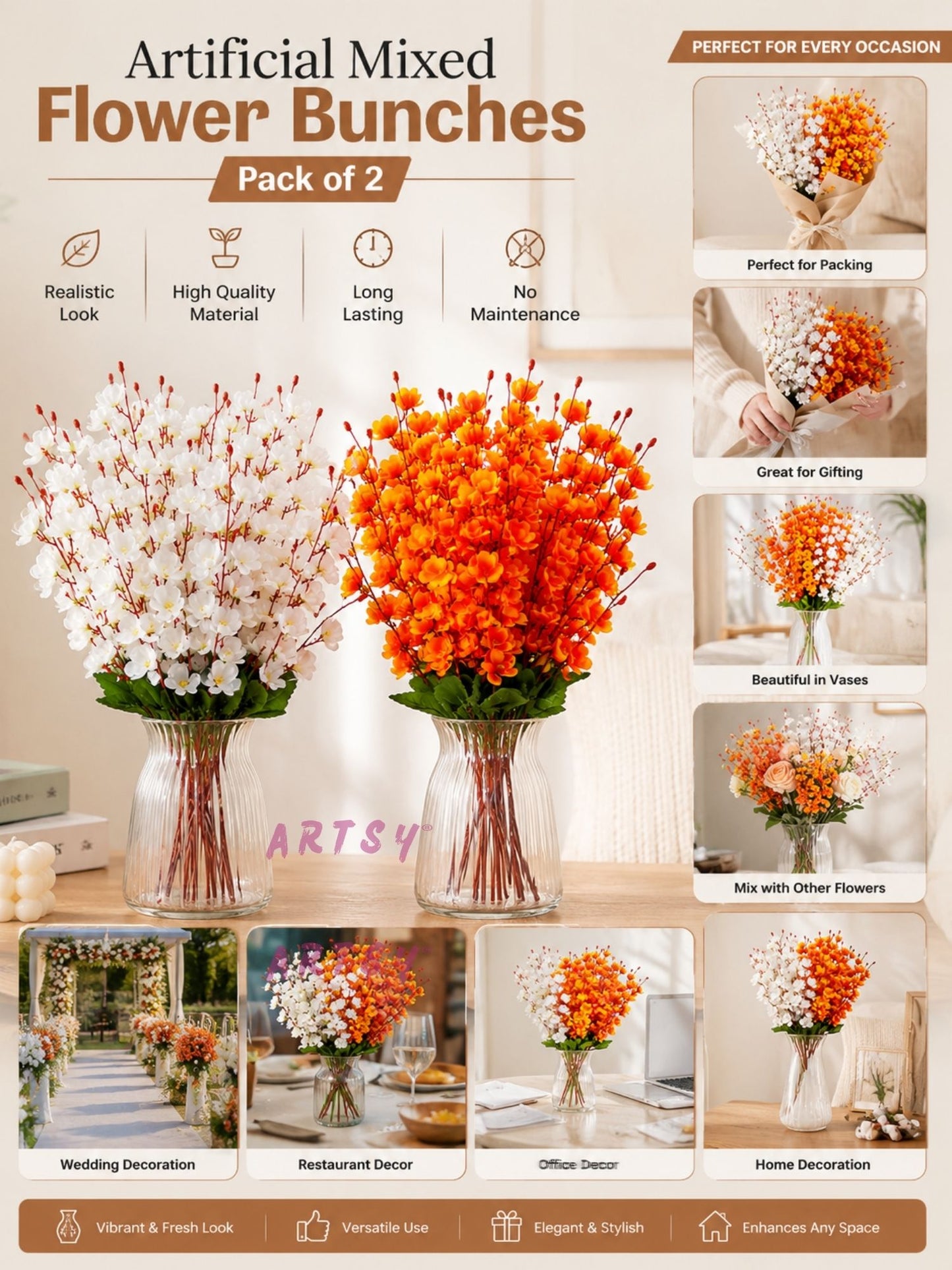 Elegant Faux Blossom Stem Arrangement for Modern Interiors, Pack of 2