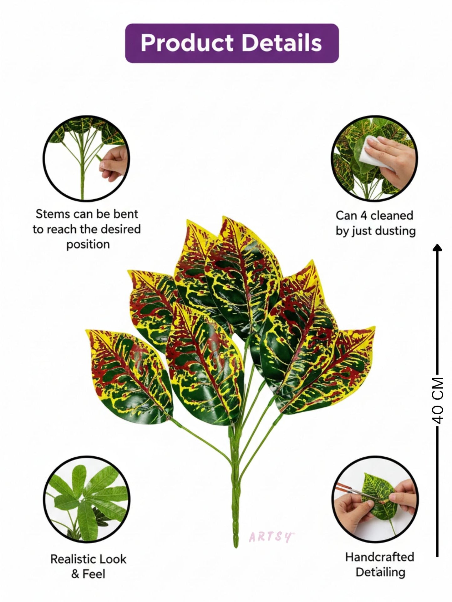 ARTSY Artificial Croton Leaf Bunch for Home Decor | Realistic Tropical Faux Plant for Living Room, Office & Vase Decoration (Pack of 1)