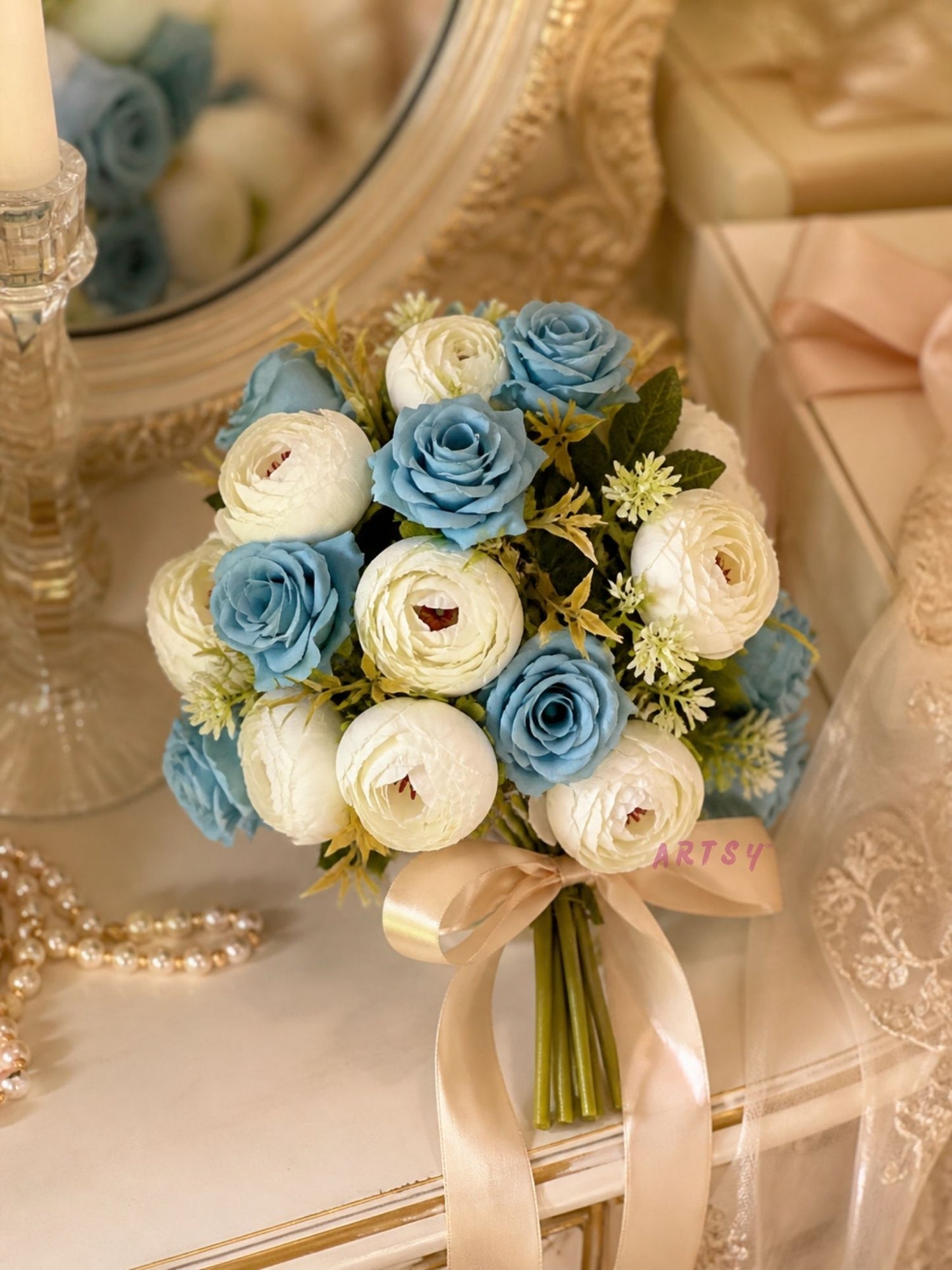 ARTSY Artificial Blue Rose & White Peony Flower Bunch Combo | Pack of 2 Fake Flowers for Home Decoration, Living Room, Office, Wedding & Table Decor