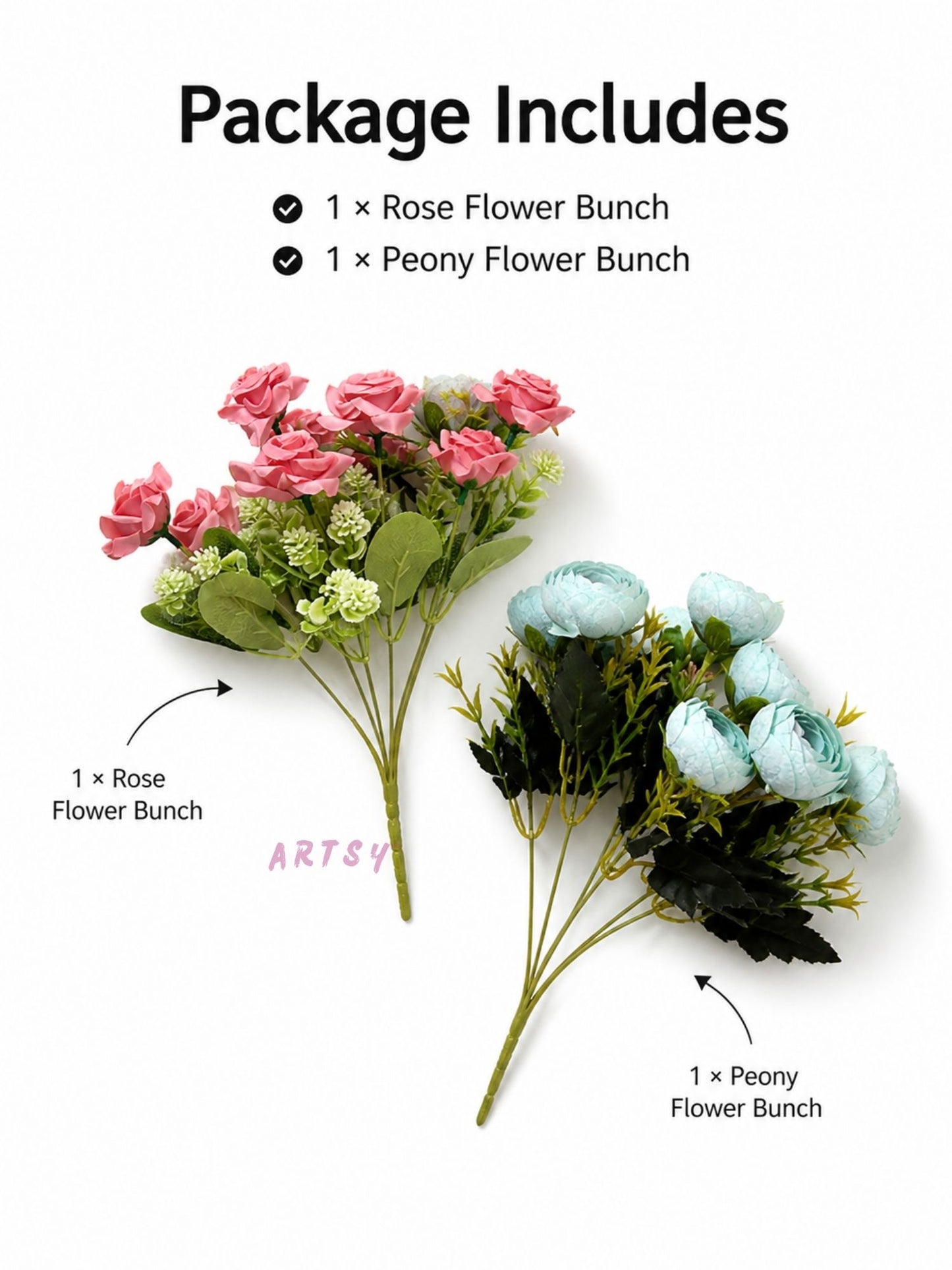 ARTSY Artificial Rose & Peony Flower Bunch Combo Pack of 2 | Realistic Faux Flowers for Home Decoration