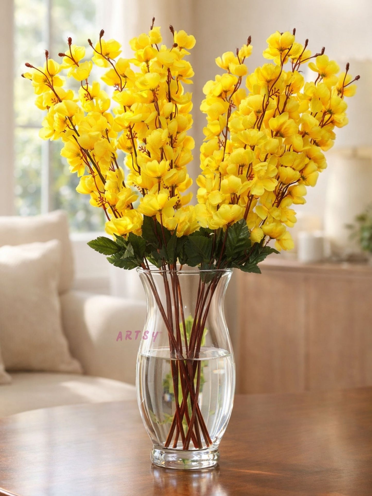 Elegant Yellow Faux Flower Bunch for Living Room & Table Decor, Pack of 2