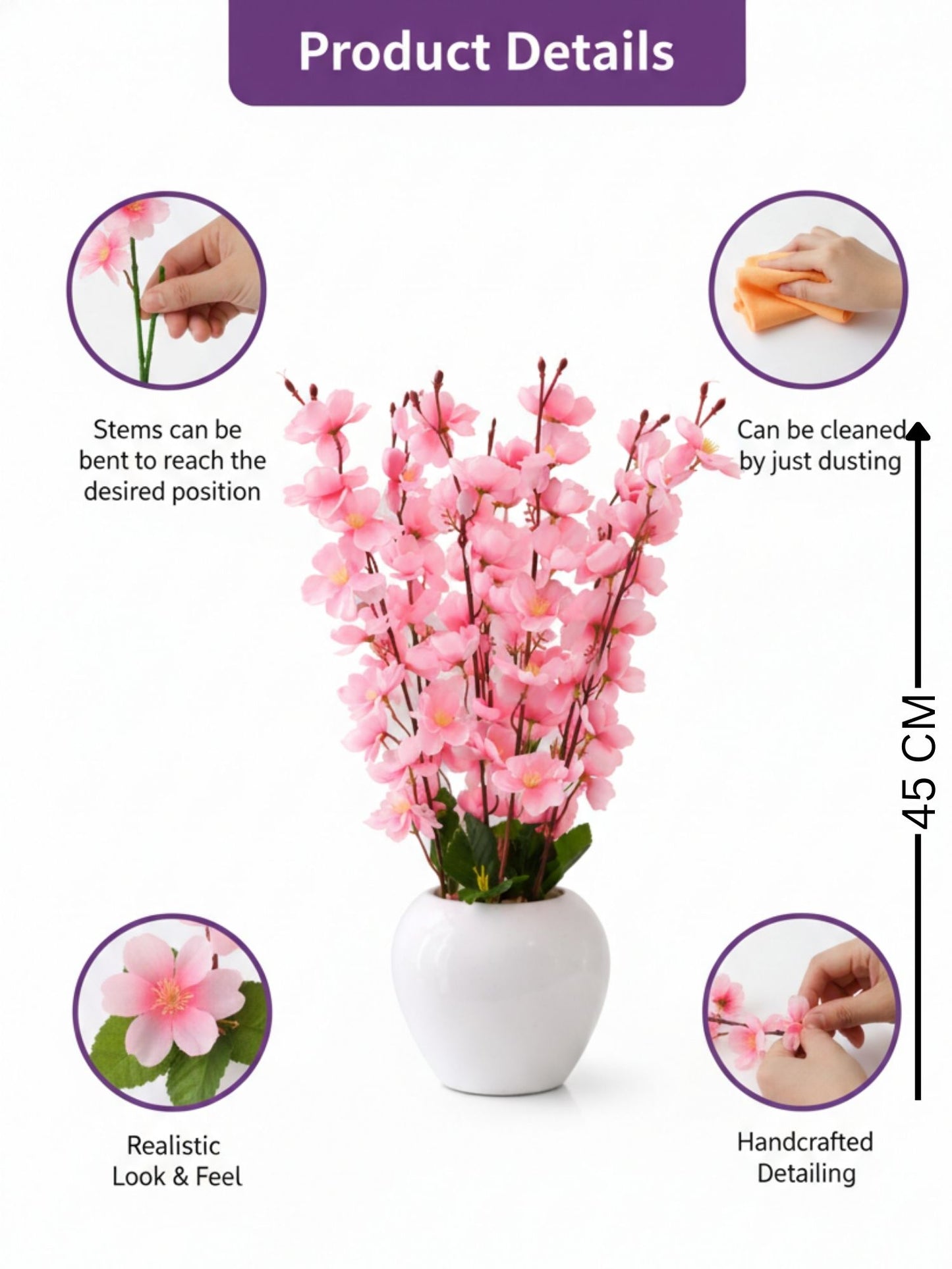 Luxury Pink Blossom Artificial Flower Pot Arrangement, Pack of 1
