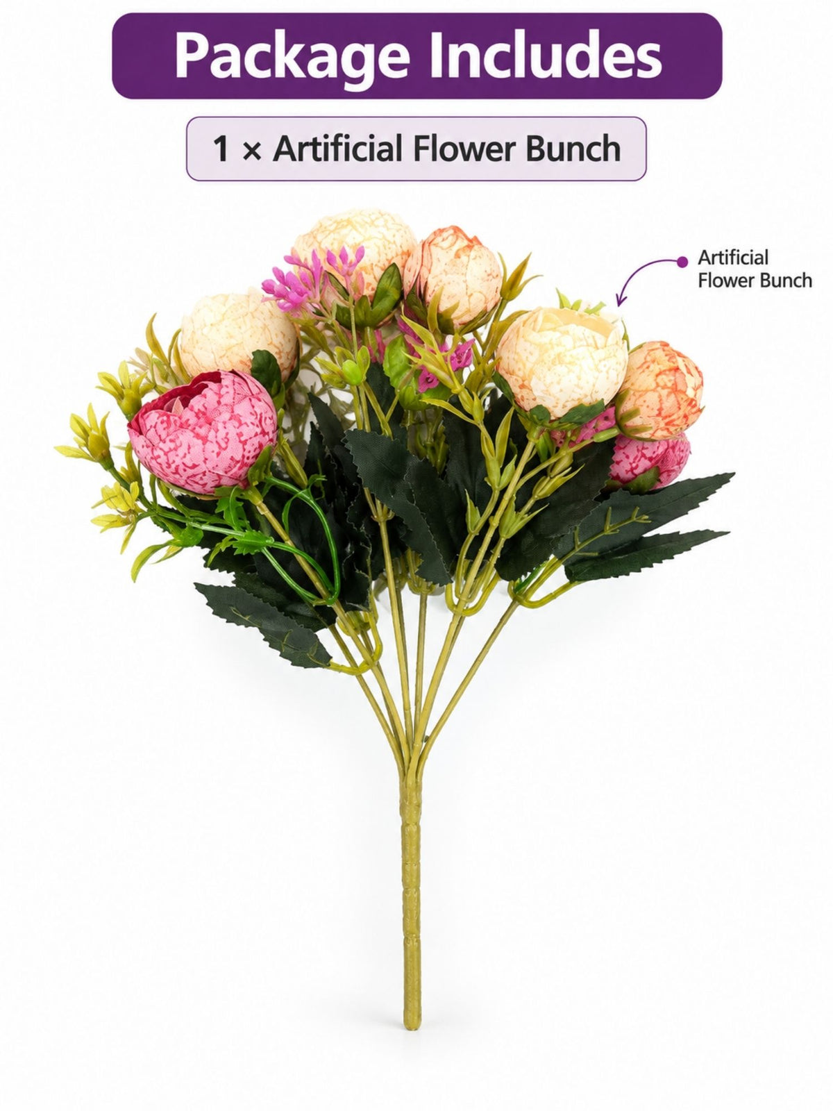 ARTSY Artificial Flower Bunch – Realistic Peony Flowers with Green Leaves for Home Décor, Wedding & Floral Decoration | 1 Piece