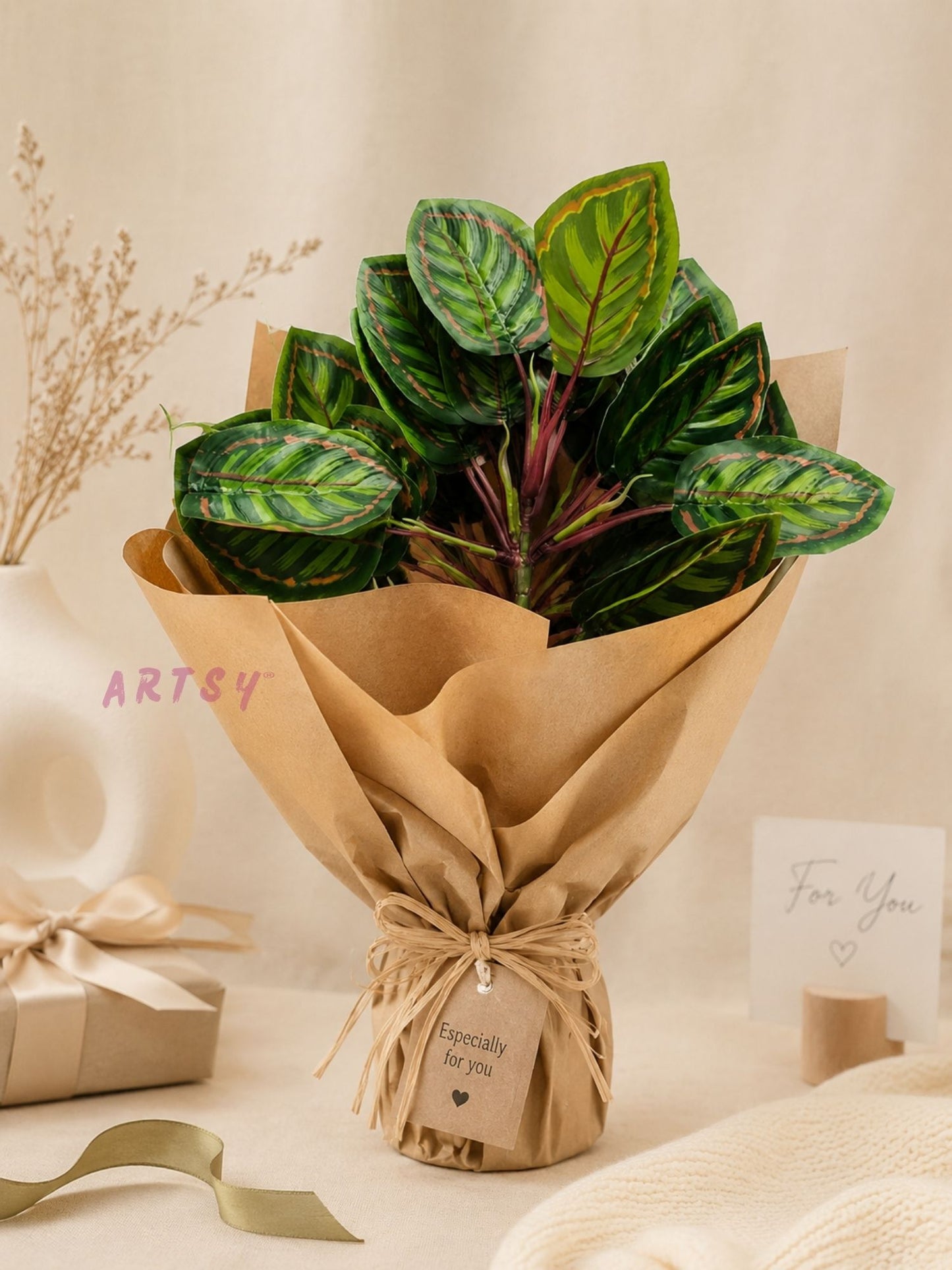 ARTSY Artificial Tropical Calathea Leaf Bunch – Decorative Faux Green Plant for Home & Office