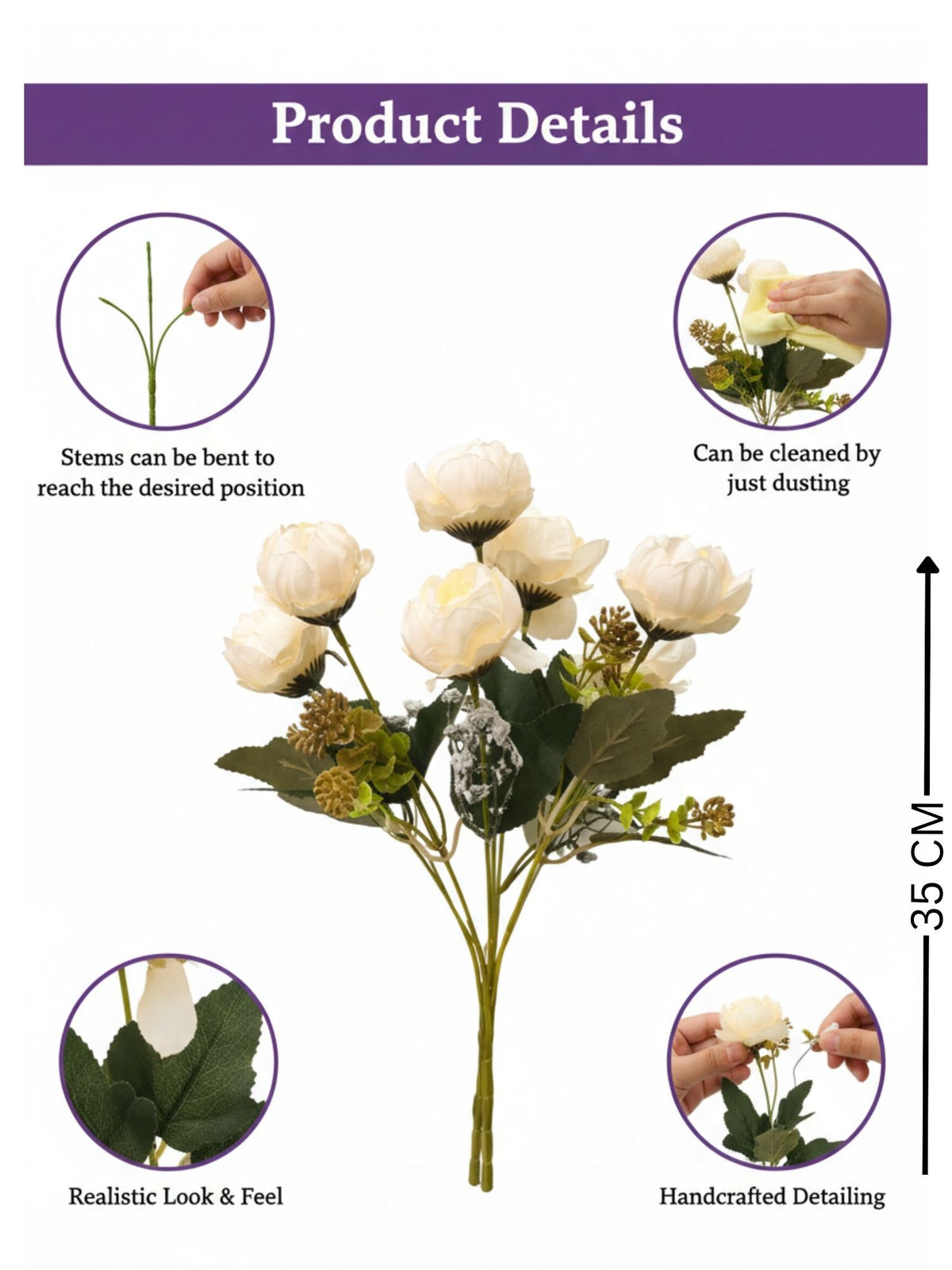 ARTSY Artificial Flower Bunch with Realistic Ranunculus Blooms & Greenery, 35 cm