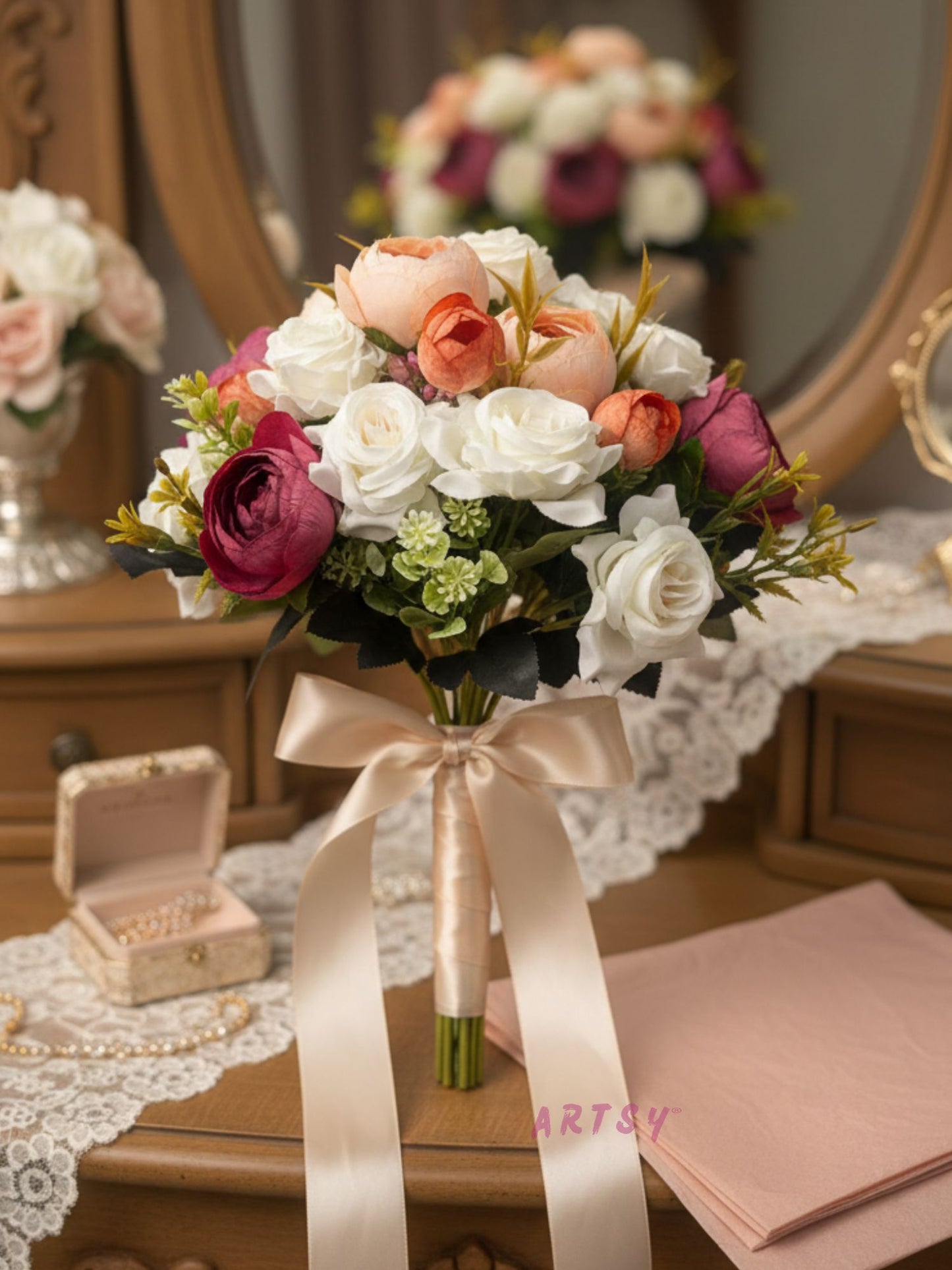 ARTSY Artificial Peony & Rose Flower Bunch Set for Home Decoration | Realistic Faux Floral Arrangement | Wedding, Living Room, Office & Table Decor | Pack of 2