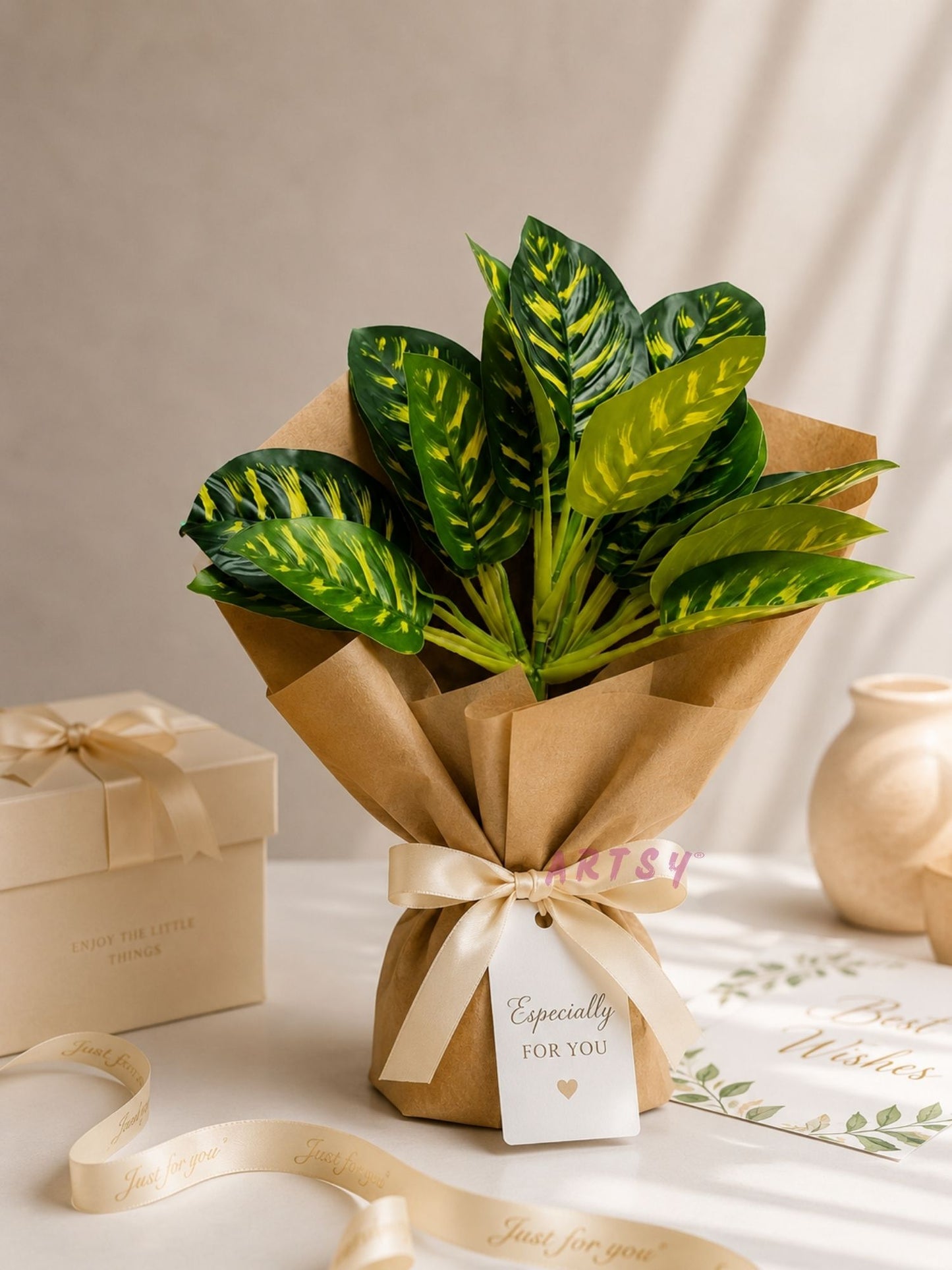 ARTSY Artificial Plant Bunch for Home Decor | Realistic Faux Leaves Arrangement for Living Room, Office & Table Decoration
