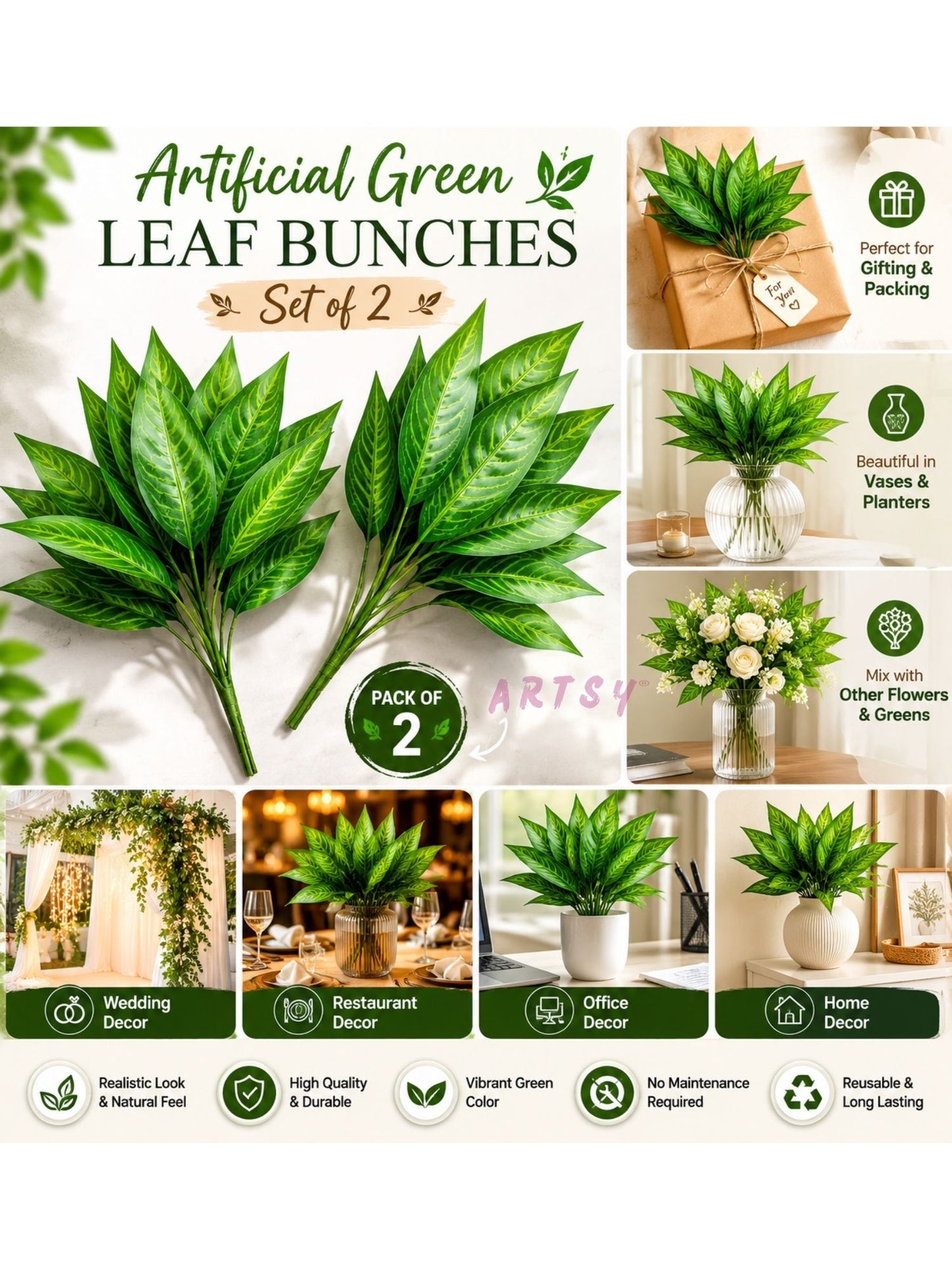 ARTSY Artificial Green Leaf Plant Bunch for Home Decor, Pack of 2